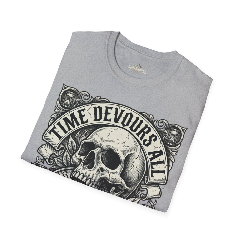 Time Devours All Skull T-Shirt – Vintage Gothic Skull & Pocket Watch Tee