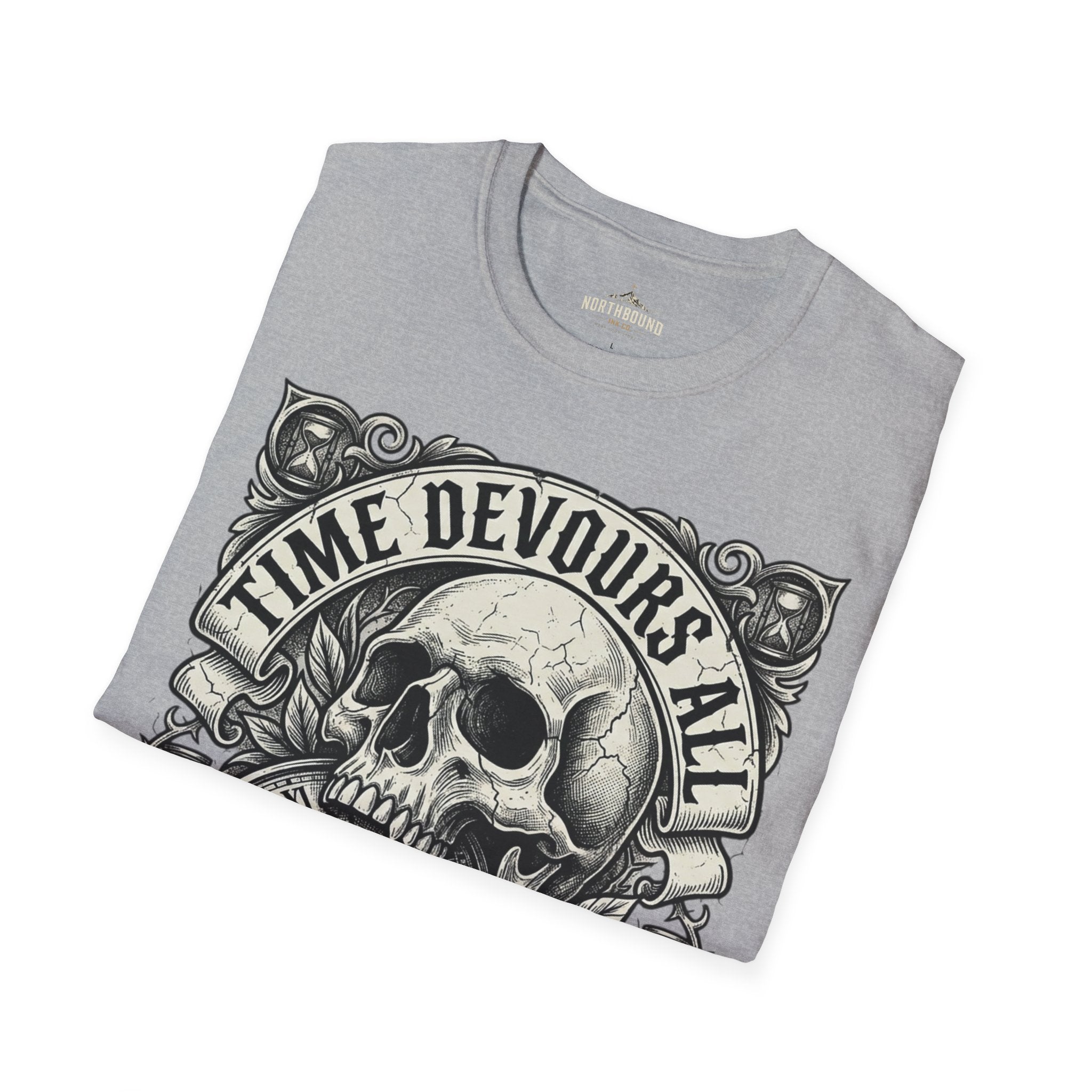 Time Devours All Skull T-Shirt – Vintage Gothic Skull & Pocket Watch Tee