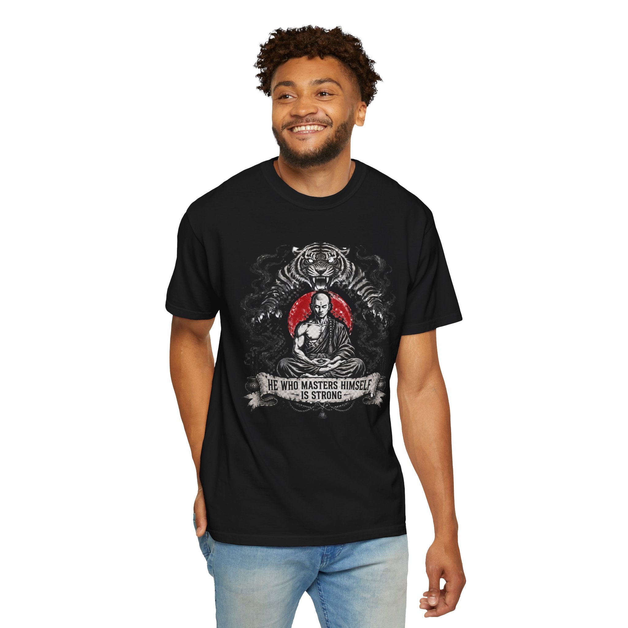 Meditation Tiger T-Shirt — "He Who Masters Himself is Strong" Zen Graphic Tee