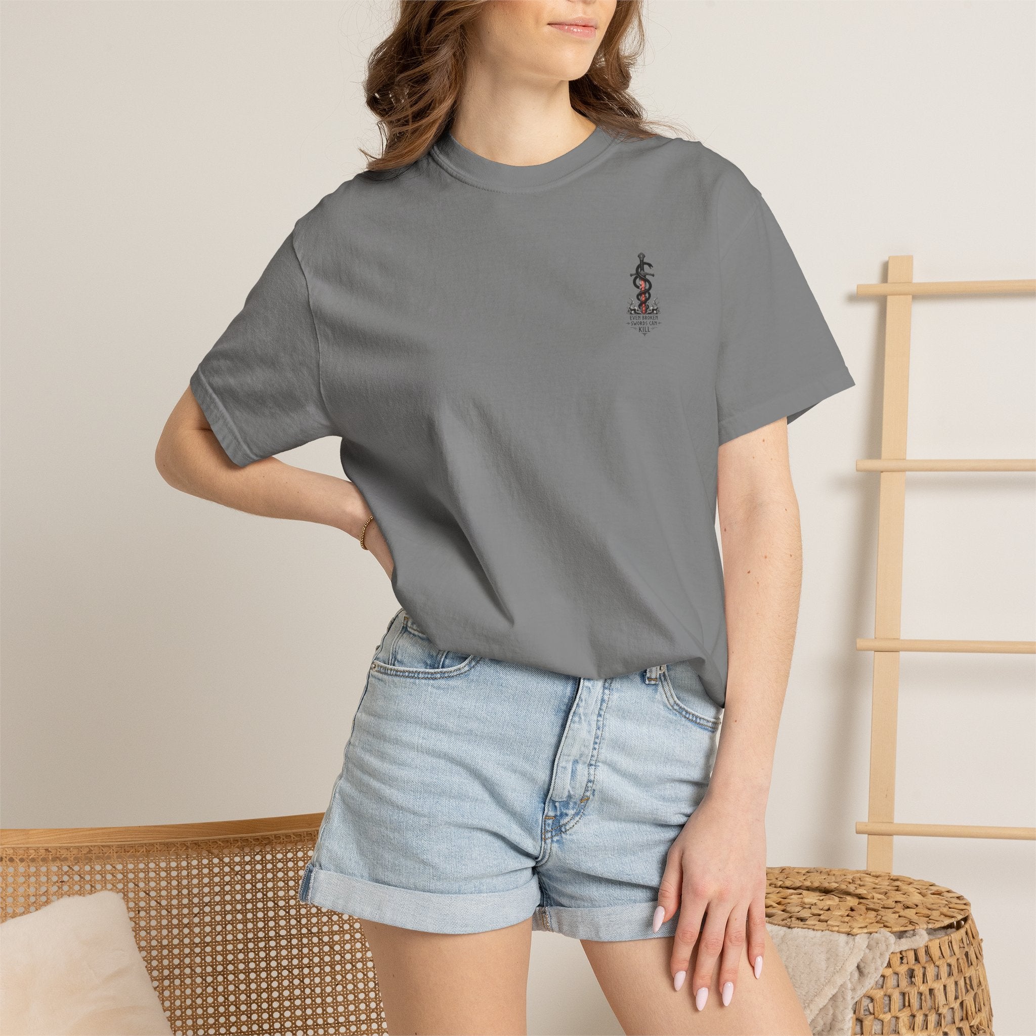 Graphic T-Shirt — 'Even Broken Swords Can Kill' Snake & Sword Back Print