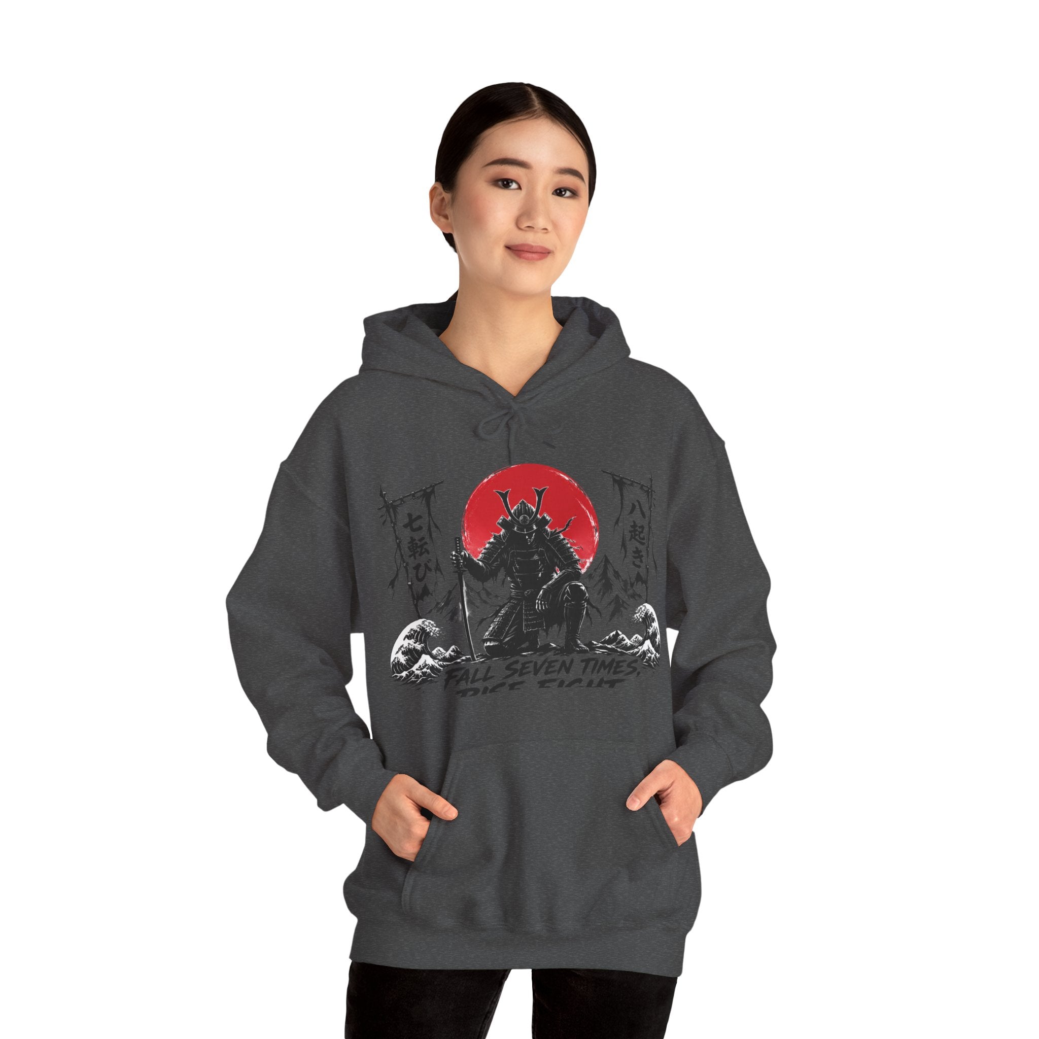 Hoodie — Samurai Wolf Graphic "Fall Seven Times, Rise Eight" Japanese Sunrise