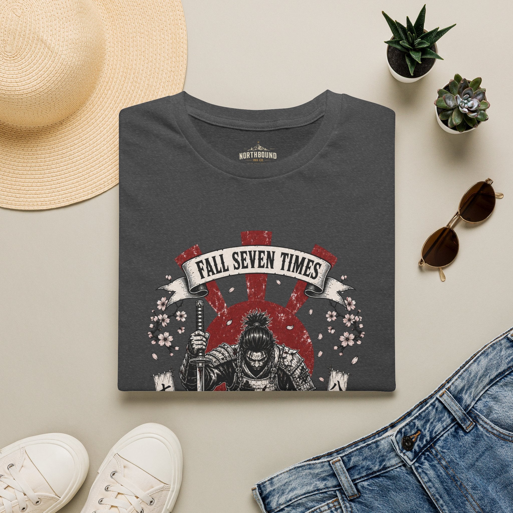 T-Shirt — “Fall Seven Times, Rise Eight” Samurai Graphic Tee
