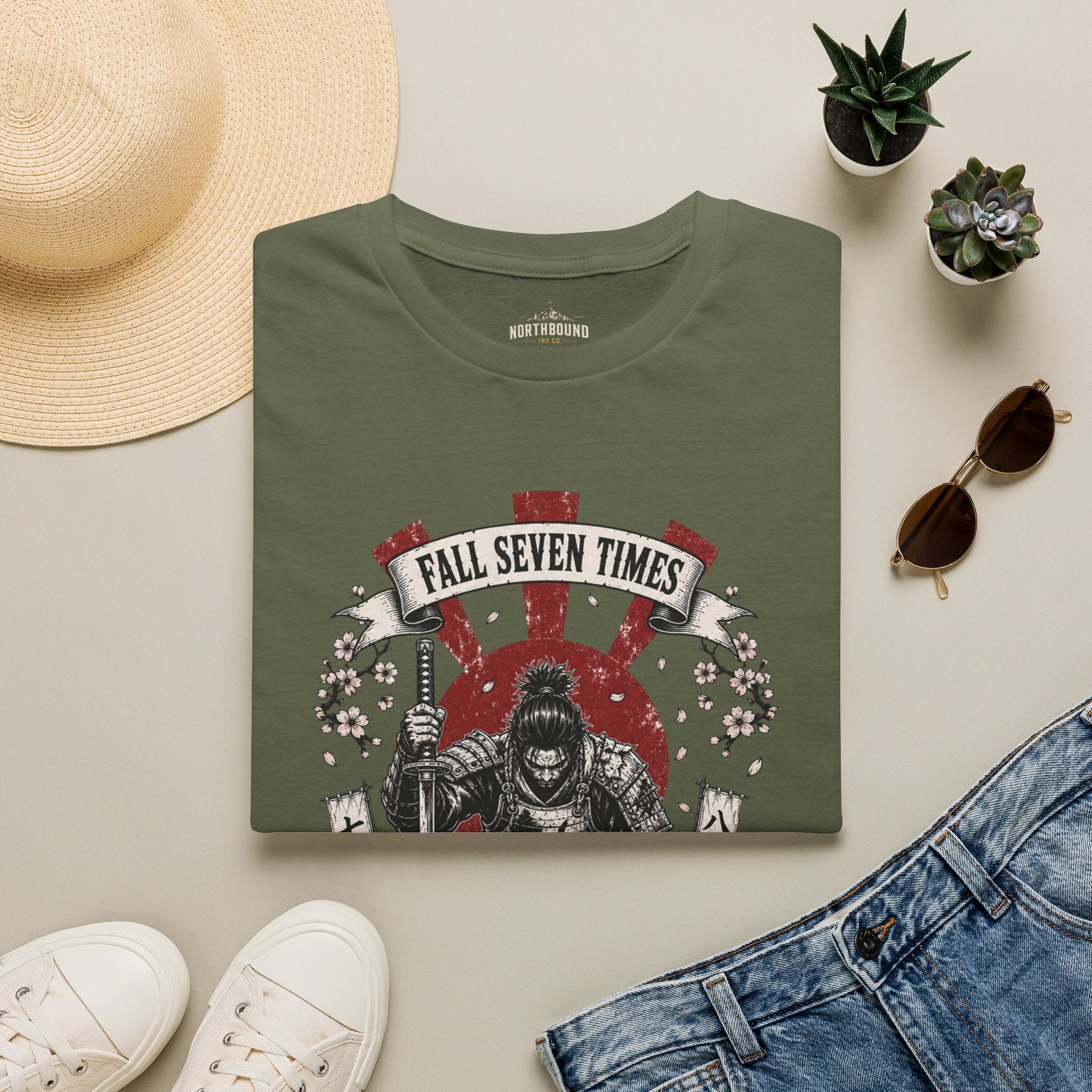 T-Shirt — “Fall Seven Times, Rise Eight” Samurai Graphic Tee