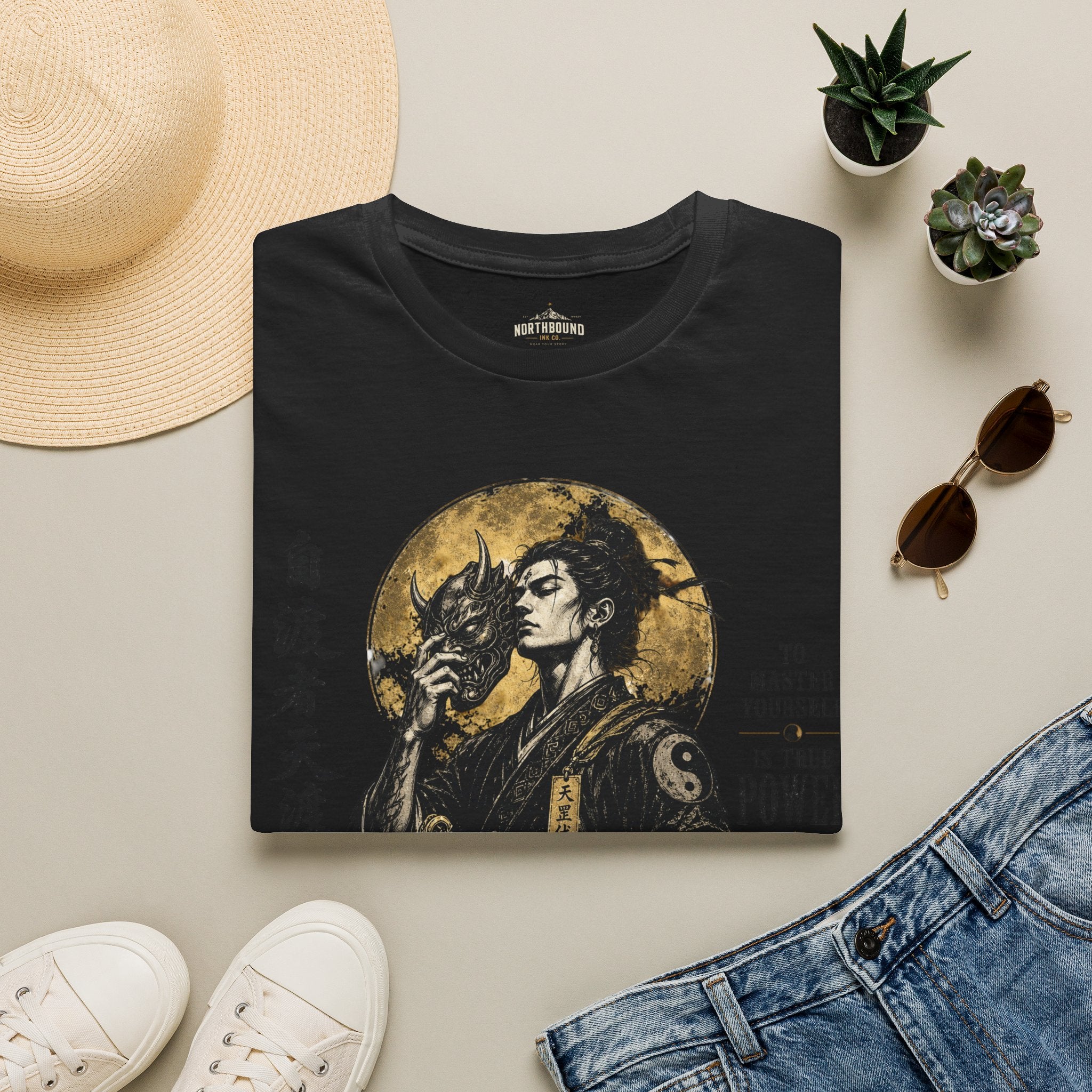 Samurai Mask Graphic T-Shirt — Japanese Warrior Moon Illustration
