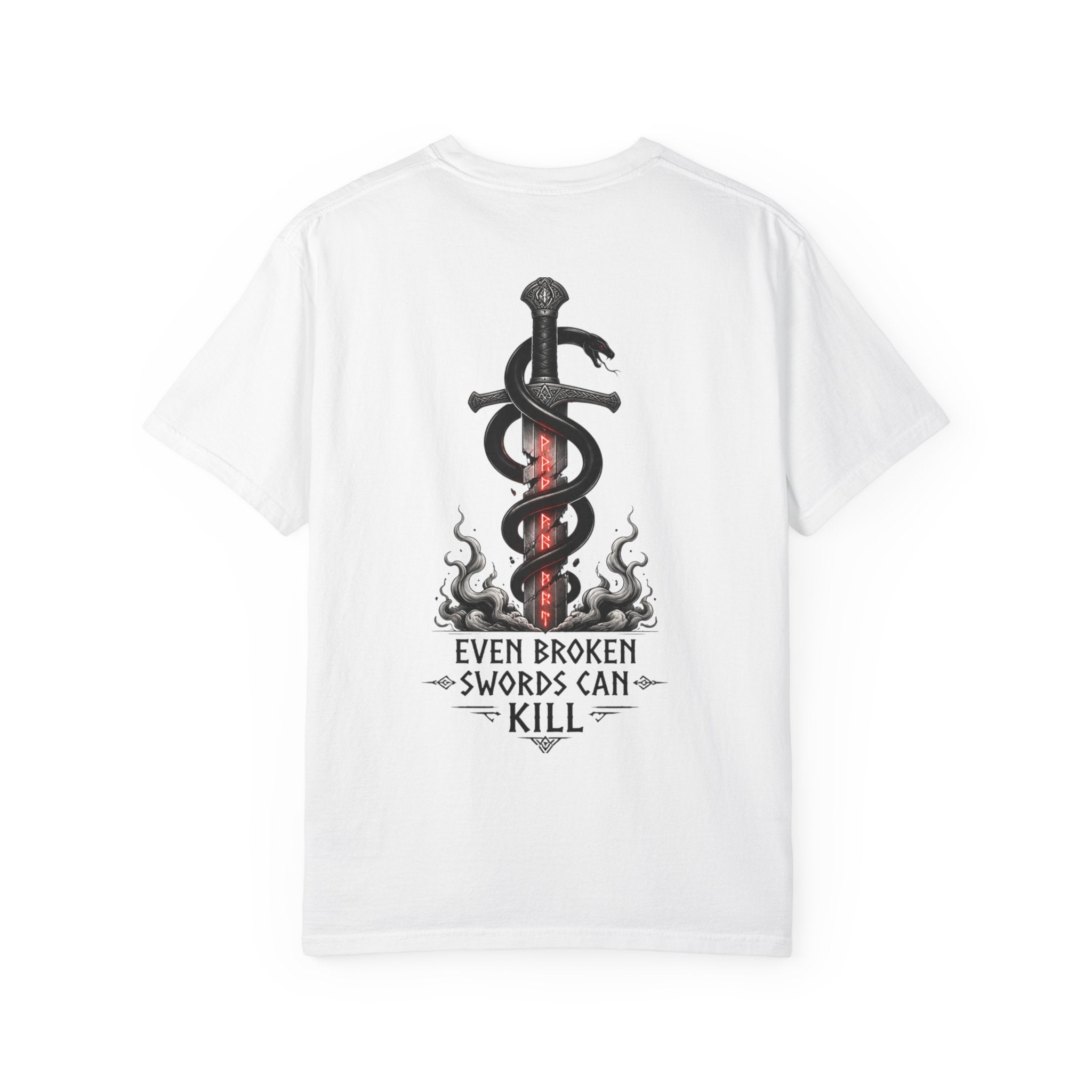 Graphic T-Shirt — 'Even Broken Swords Can Kill' Snake & Sword Back Print