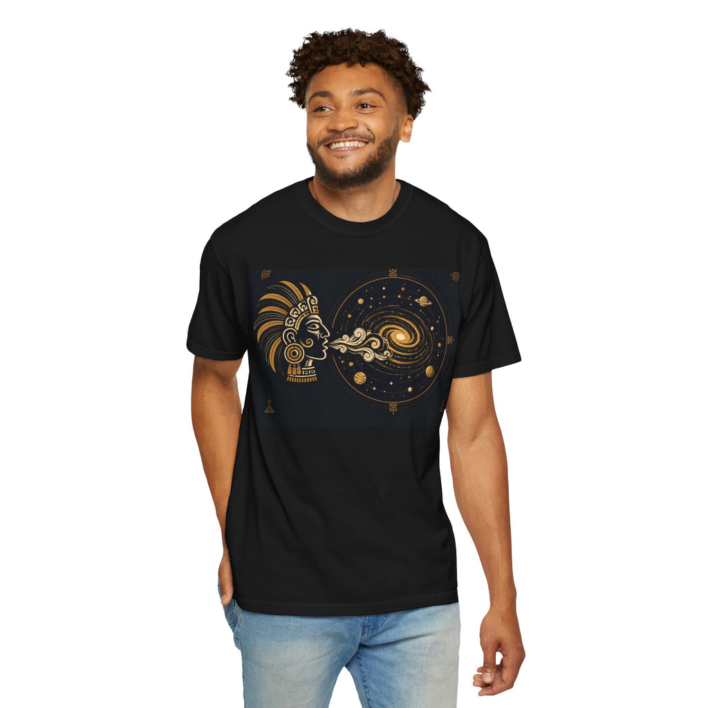 Cosmic Aztec Breath T-Shirt — Golden Galaxy Illustration
