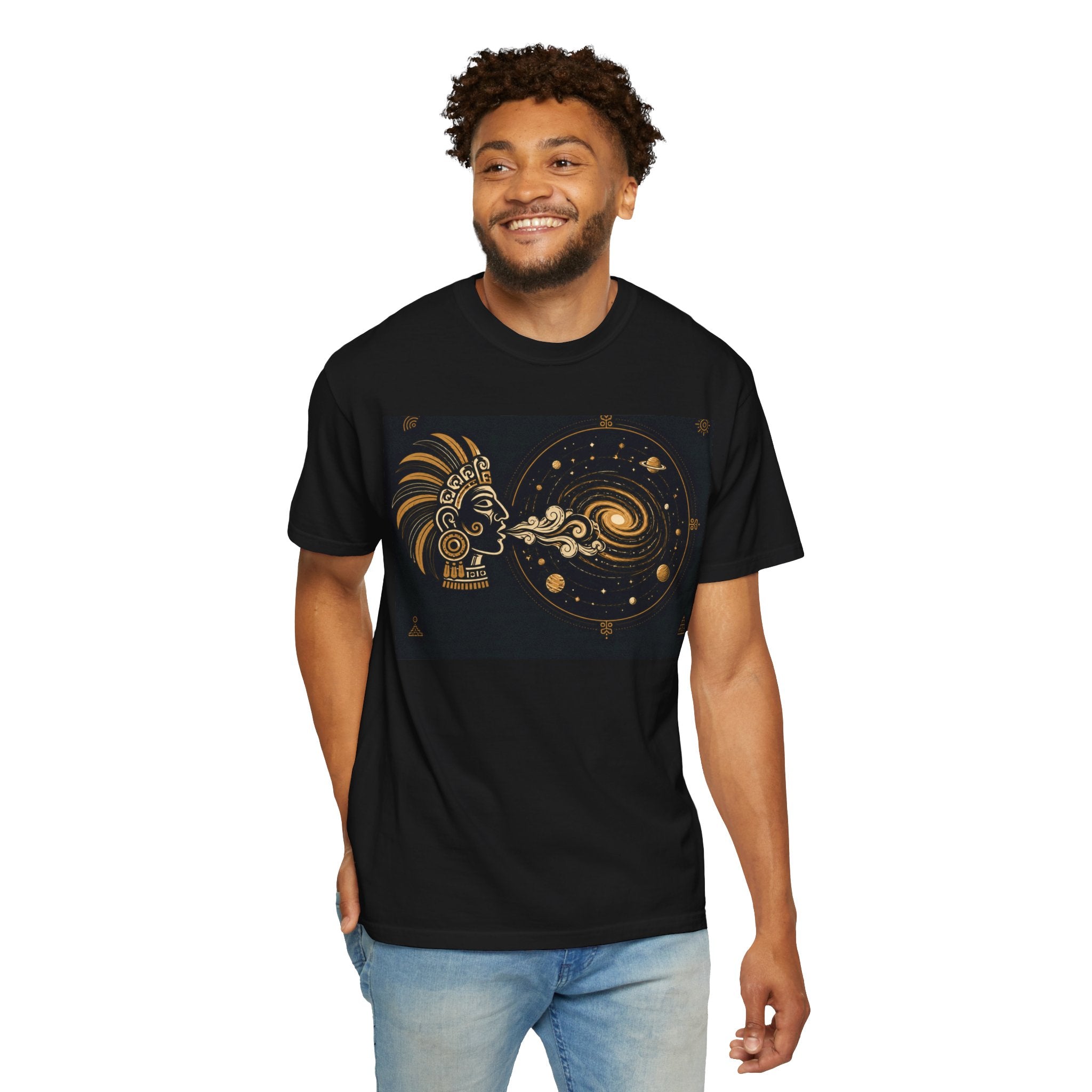 Cosmic Aztec Breath T-Shirt — Golden Galaxy Illustration