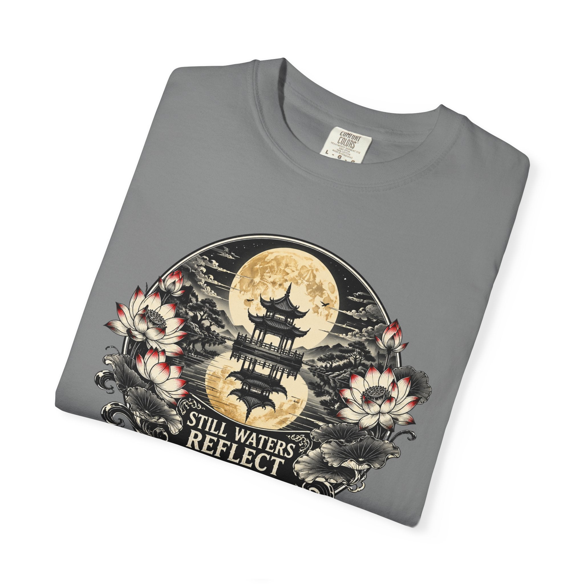 Still Waters Reflect the Moon T-Shirt — Zen Pagoda Moon Graphic Tee