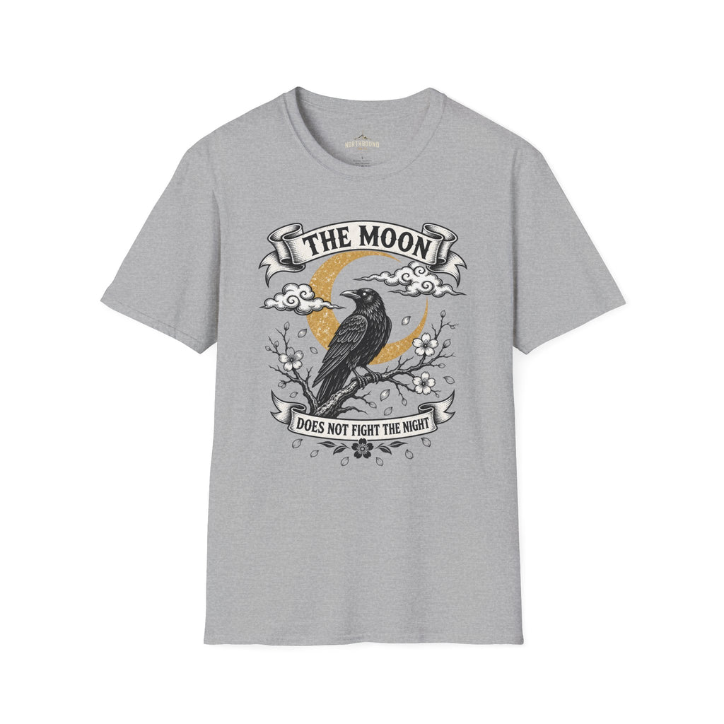Moon & Raven T-Shirt — "The Moon Does Not Fight The Moon" Gothic Celestial Tee