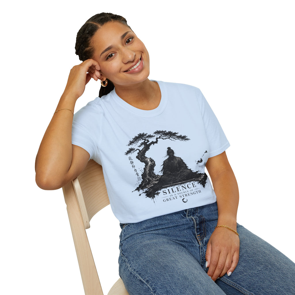 Meditation Zen T-Shirt — 'Silence Is Great Strength' Minimal Bonsai Buddha Tee