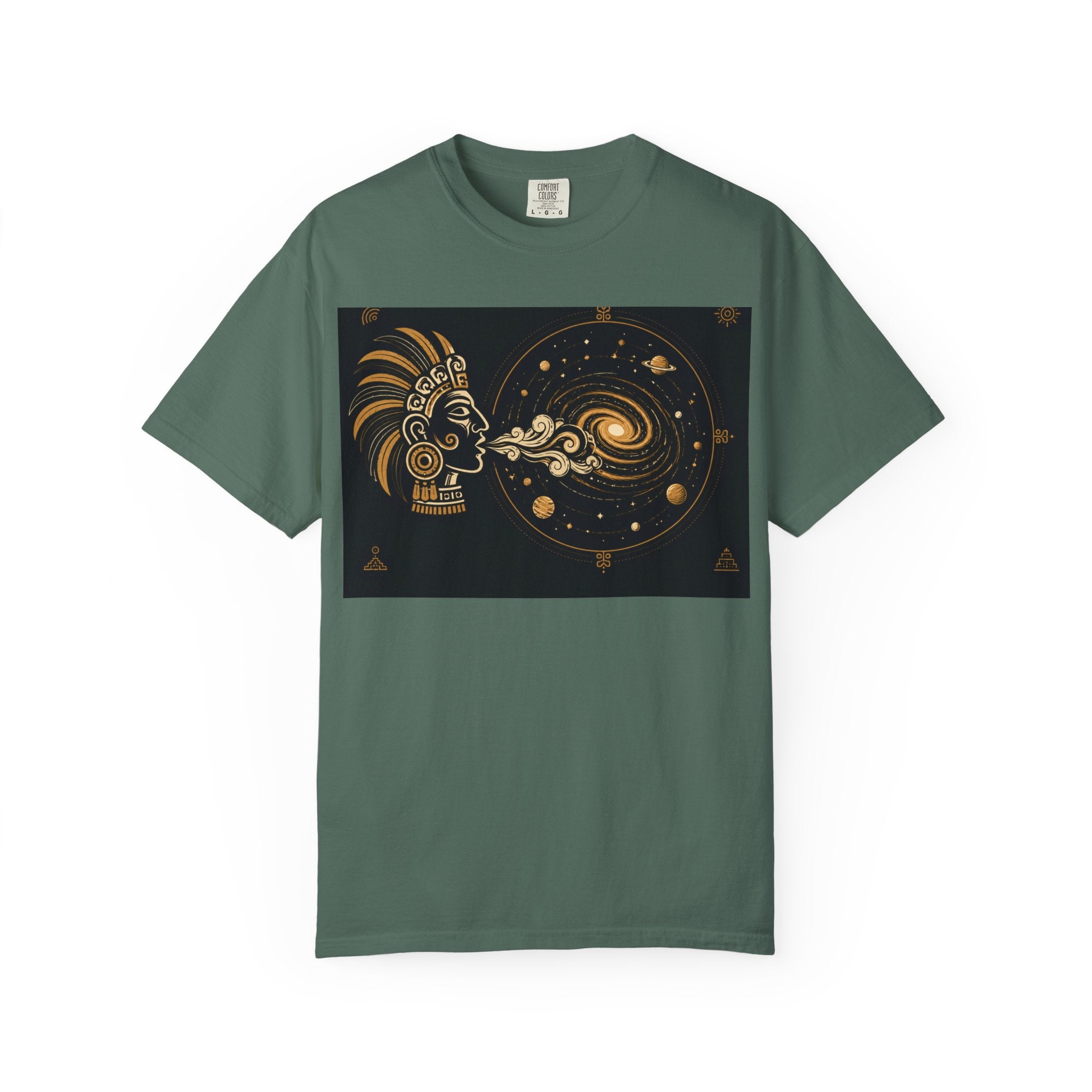 Cosmic Aztec Breath T-Shirt — Golden Galaxy Illustration