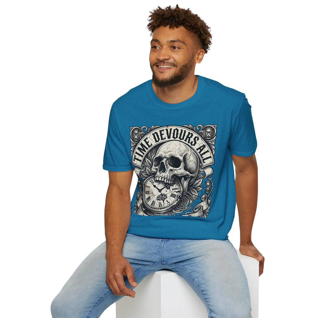 Time Devours All Skull T-Shirt – Vintage Gothic Skull & Pocket Watch Tee