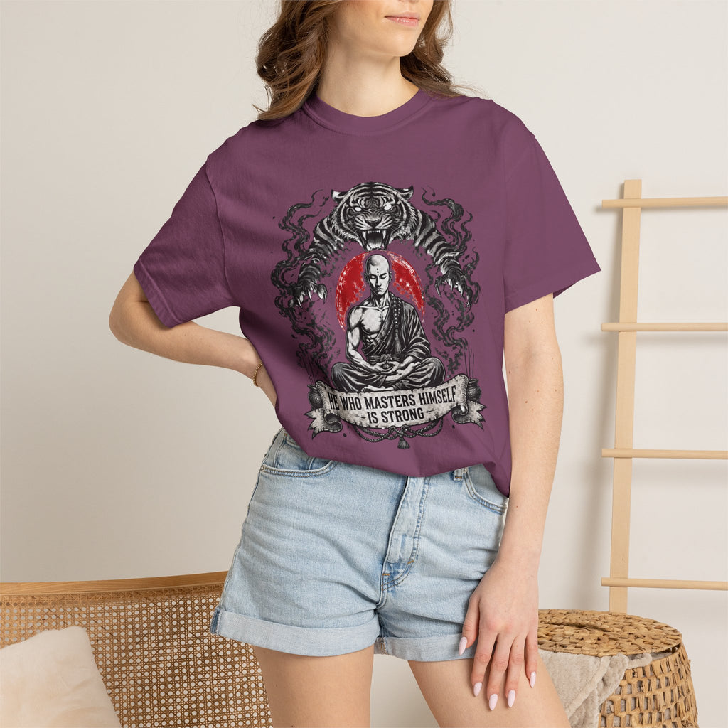 Meditation Tiger T-Shirt — "He Who Masters Himself is Strong" Zen Graphic Tee