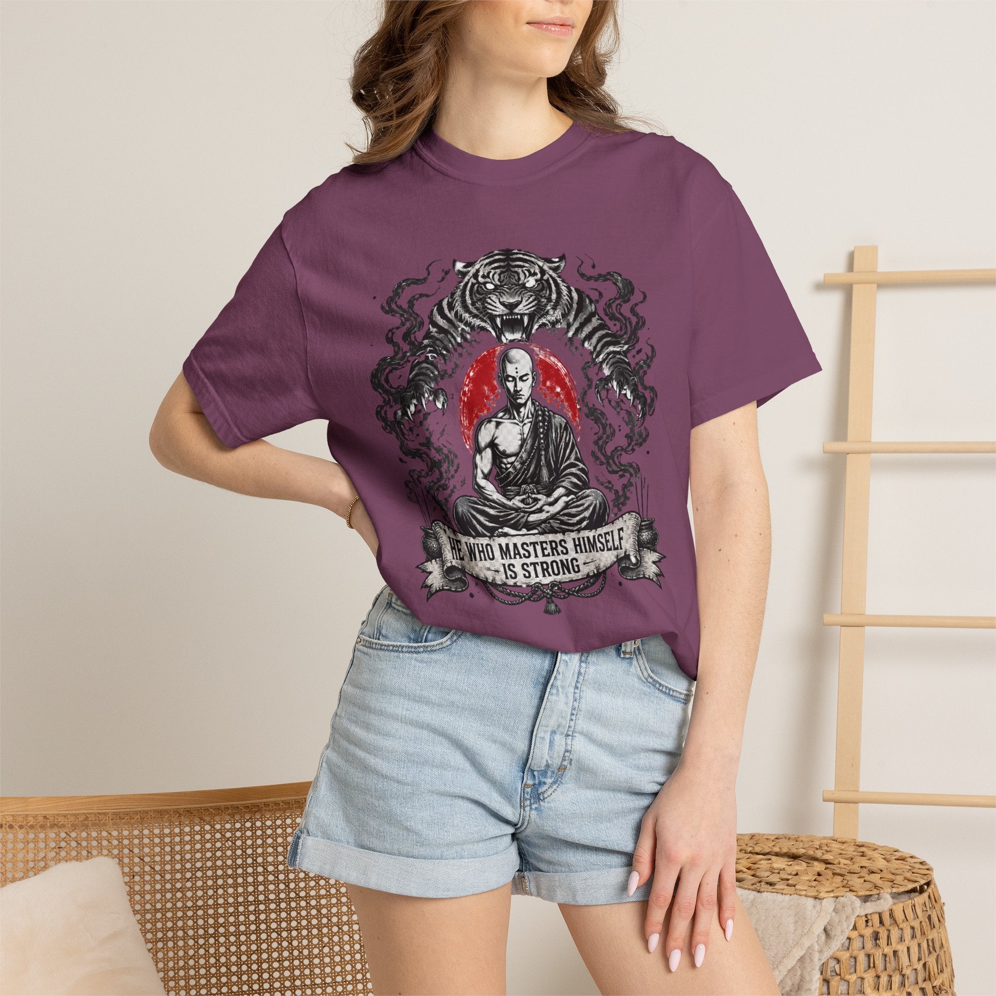 Meditation Tiger T-Shirt — "He Who Masters Himself is Strong" Zen Graphic Tee