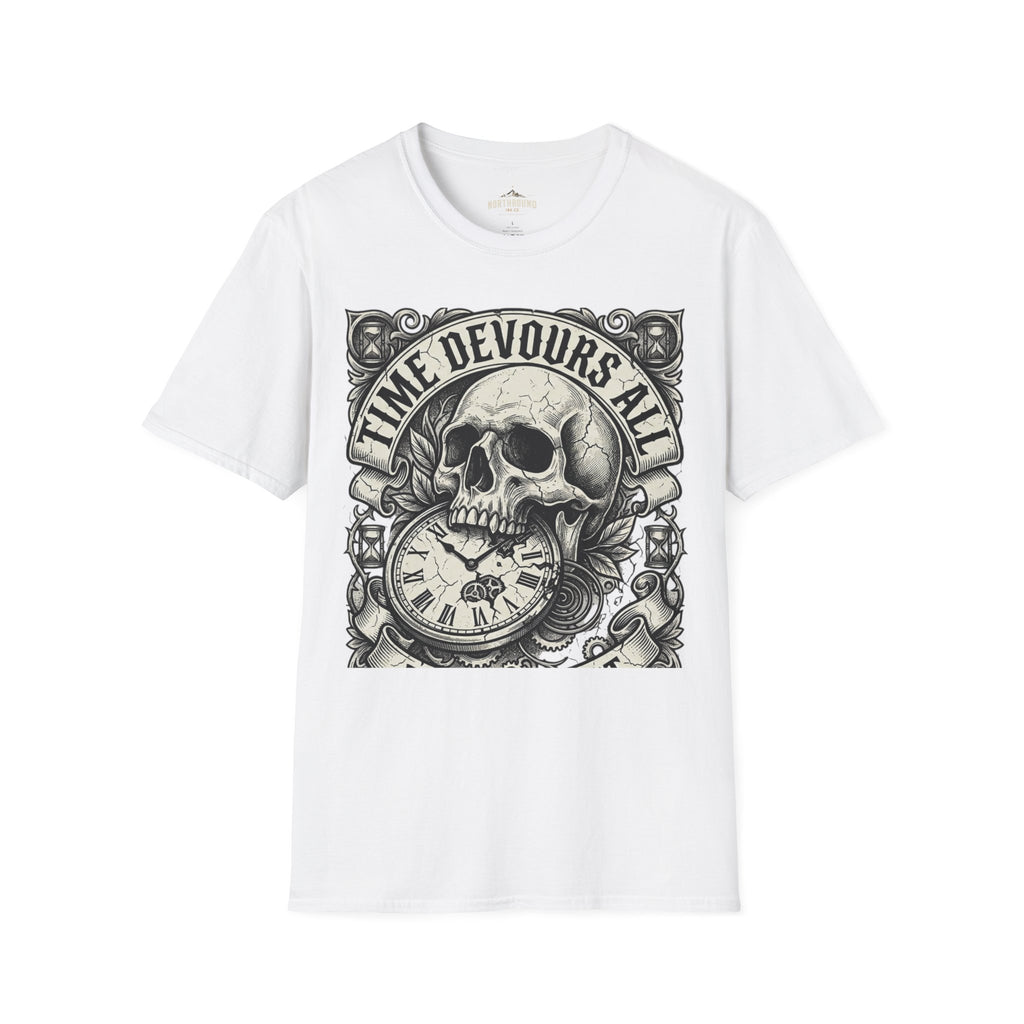 Time Devours All Skull T-Shirt – Vintage Gothic Skull & Pocket Watch Tee
