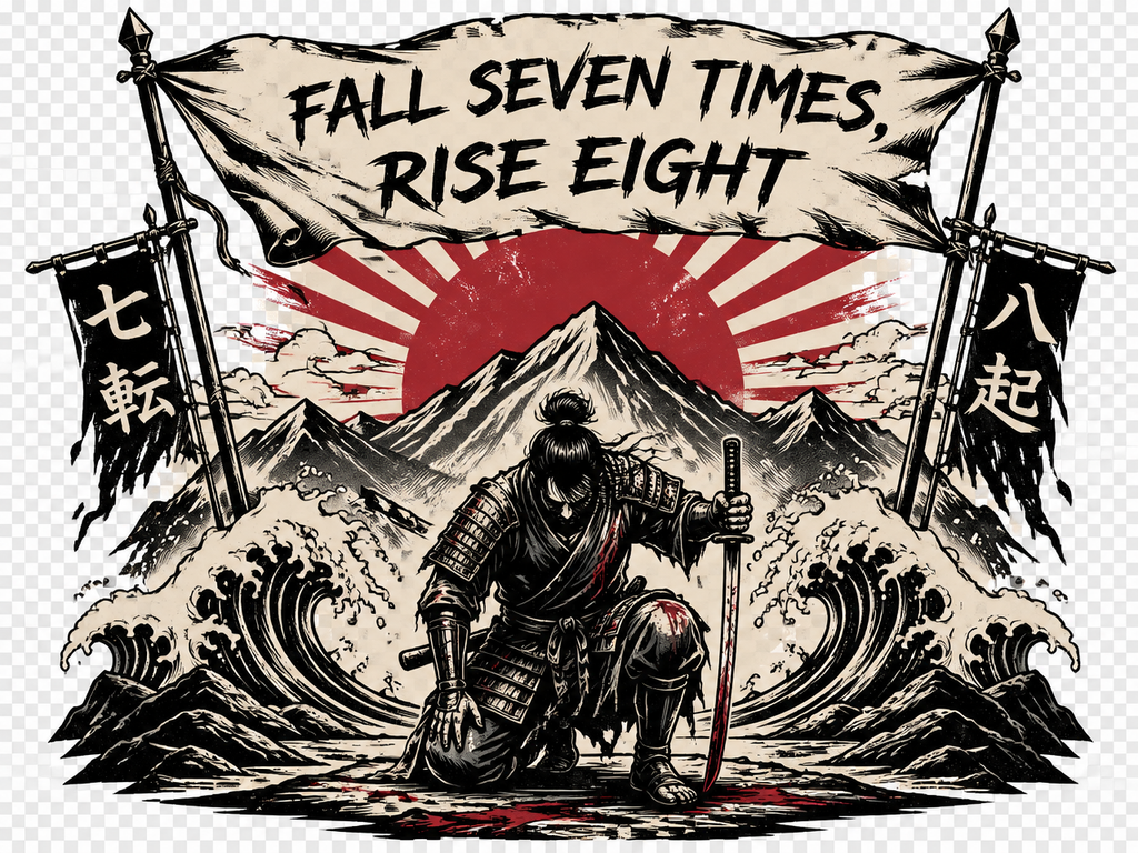 T-Shirt — "Fall Seven Times, Rise Eight" Samurai Graphic Tee