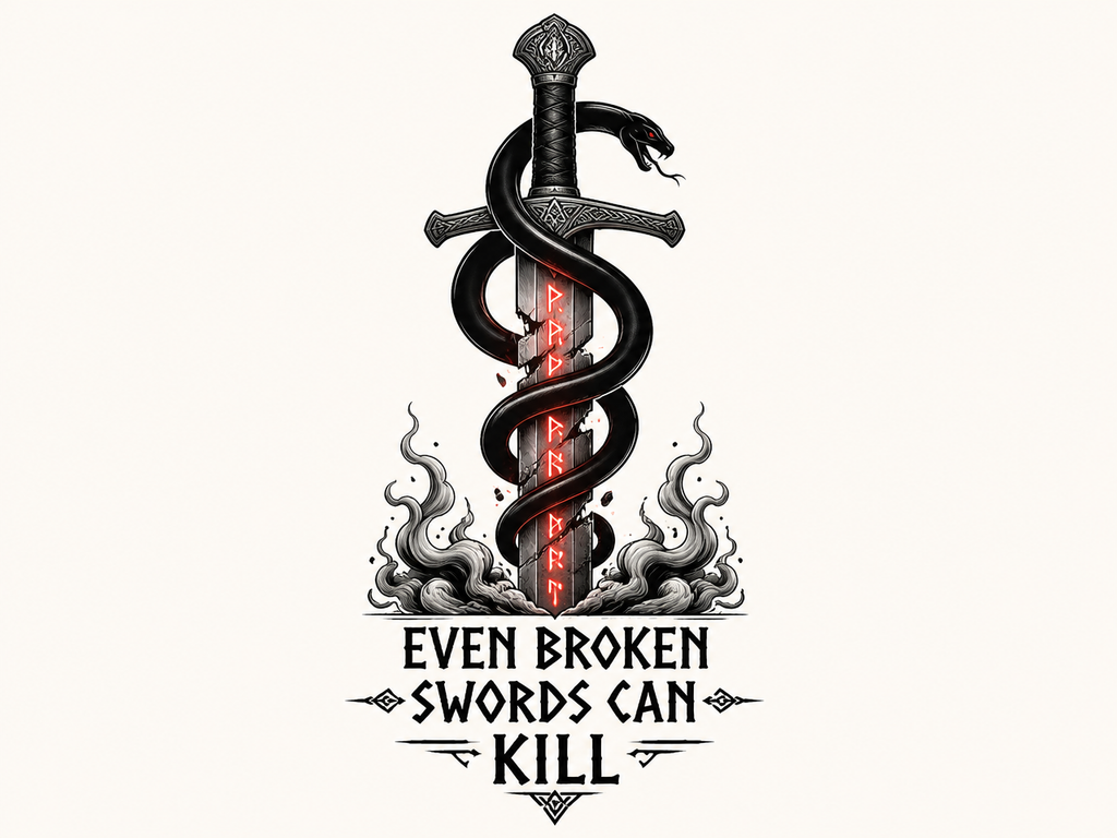 Graphic T-Shirt — 'Even Broken Swords Can Kill' Snake & Sword Back Print