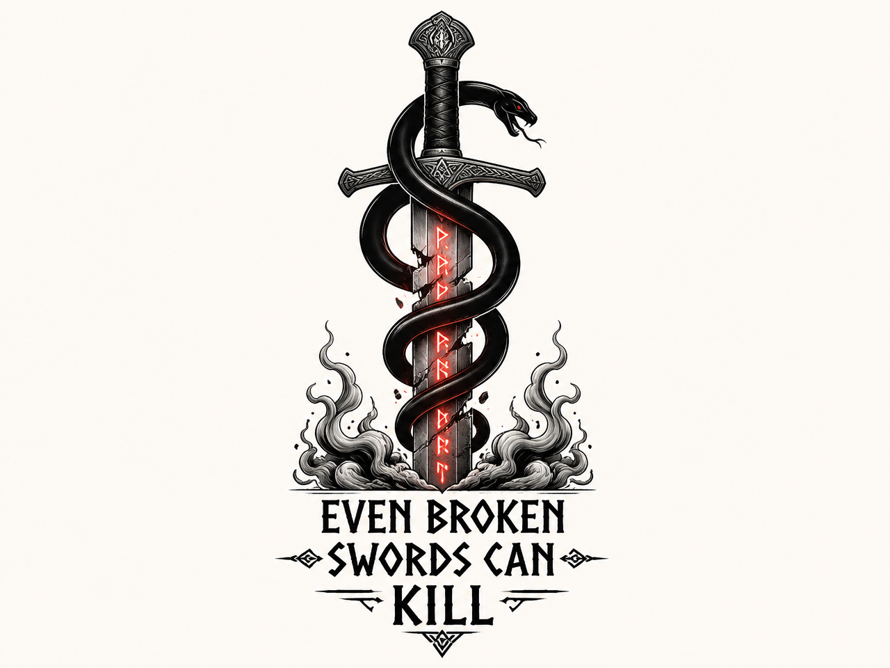 Graphic T-Shirt — 'Even Broken Swords Can Kill' Snake & Sword Back Print