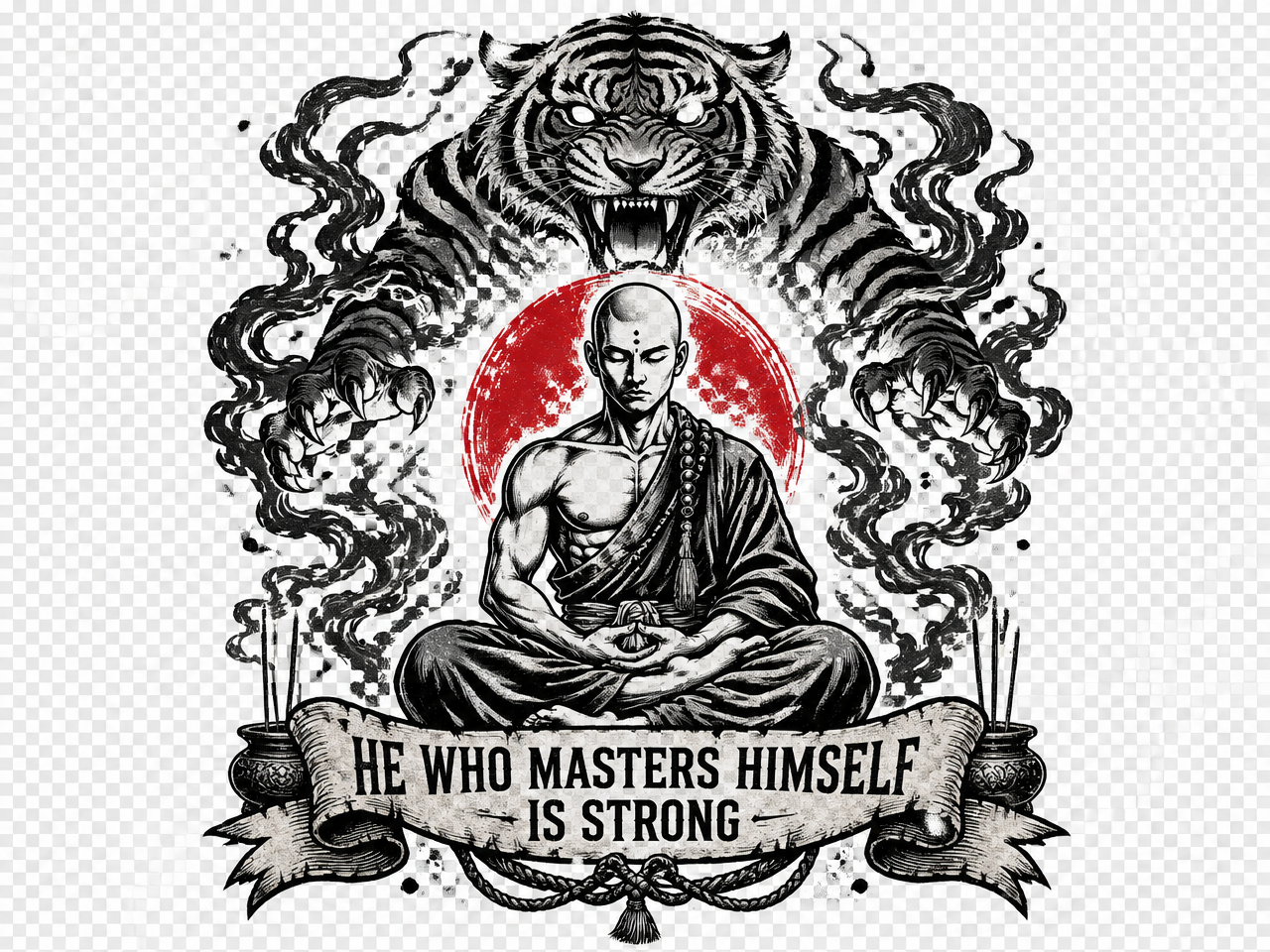 Meditation Tiger T-Shirt — "He Who Masters Himself is Strong" Zen Graphic Tee