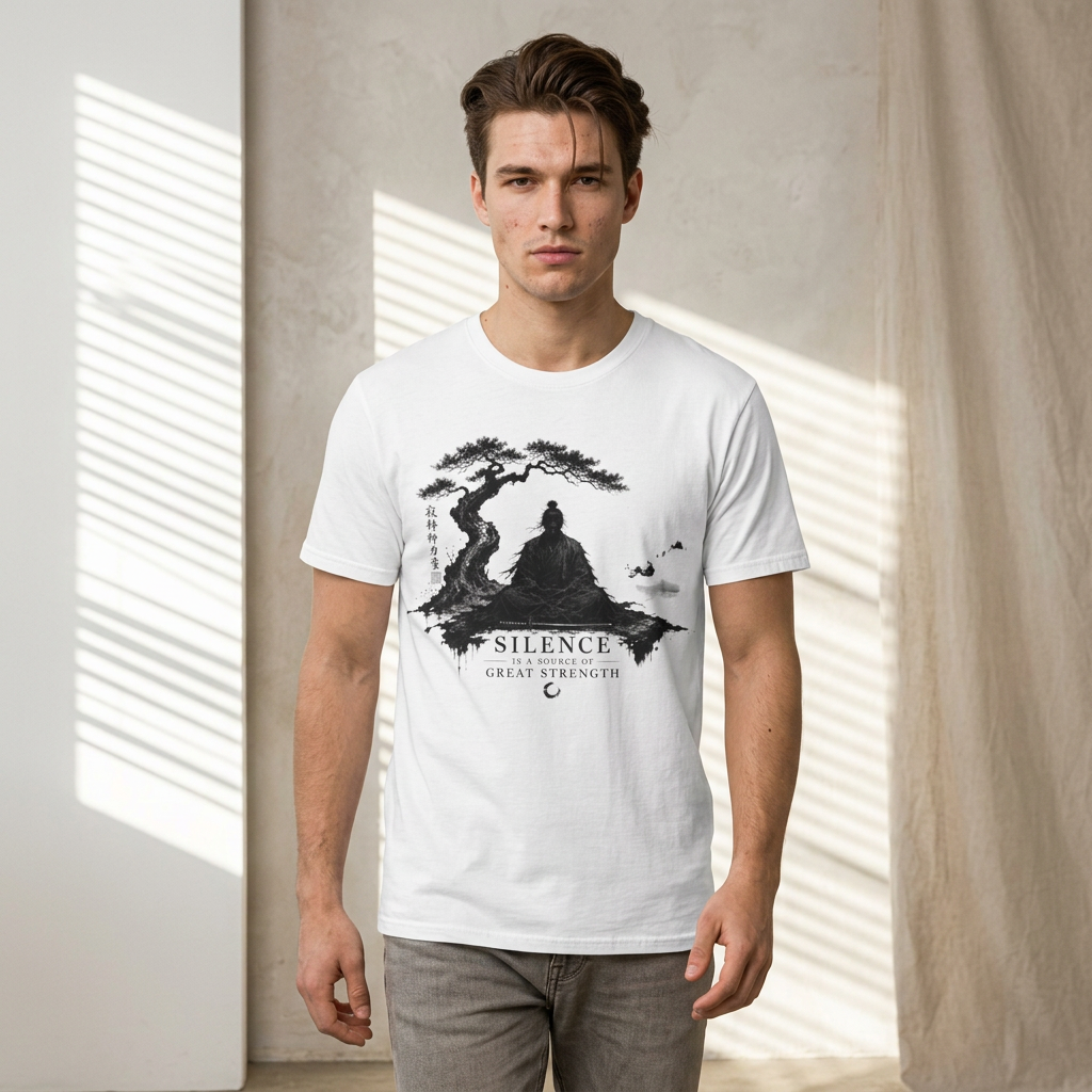 Meditation Zen T-Shirt — 'Silence Is Great Strength' Minimal Bonsai Buddha Tee