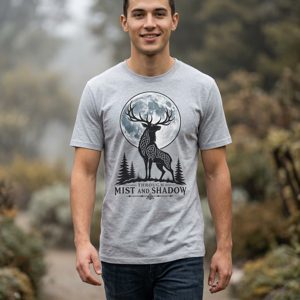 Deer Moon T‑Shirt — 'Mist and Shadow' Woodland Stag Graphic Tee