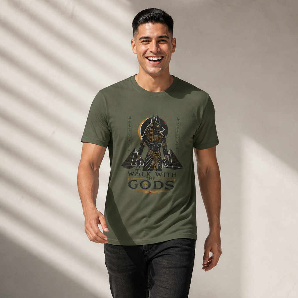 Anubis 'Walk With Gods' T-Shirt — Egyptian Mythology Graphic Tee