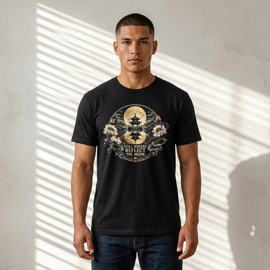 Still Waters Reflect the Moon T-Shirt — Zen Pagoda Moon Graphic Tee