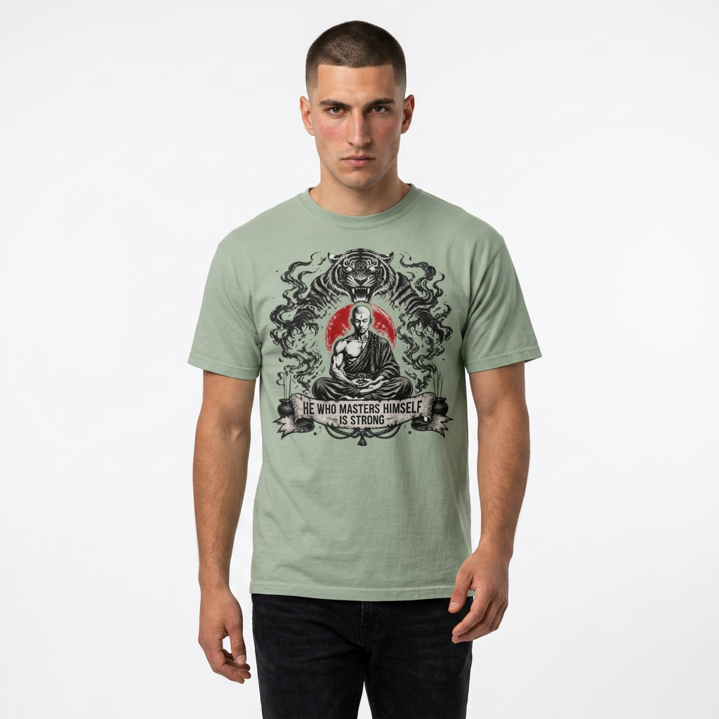 Meditation Tiger T-Shirt — "He Who Masters Himself is Strong" Zen Graphic Tee
