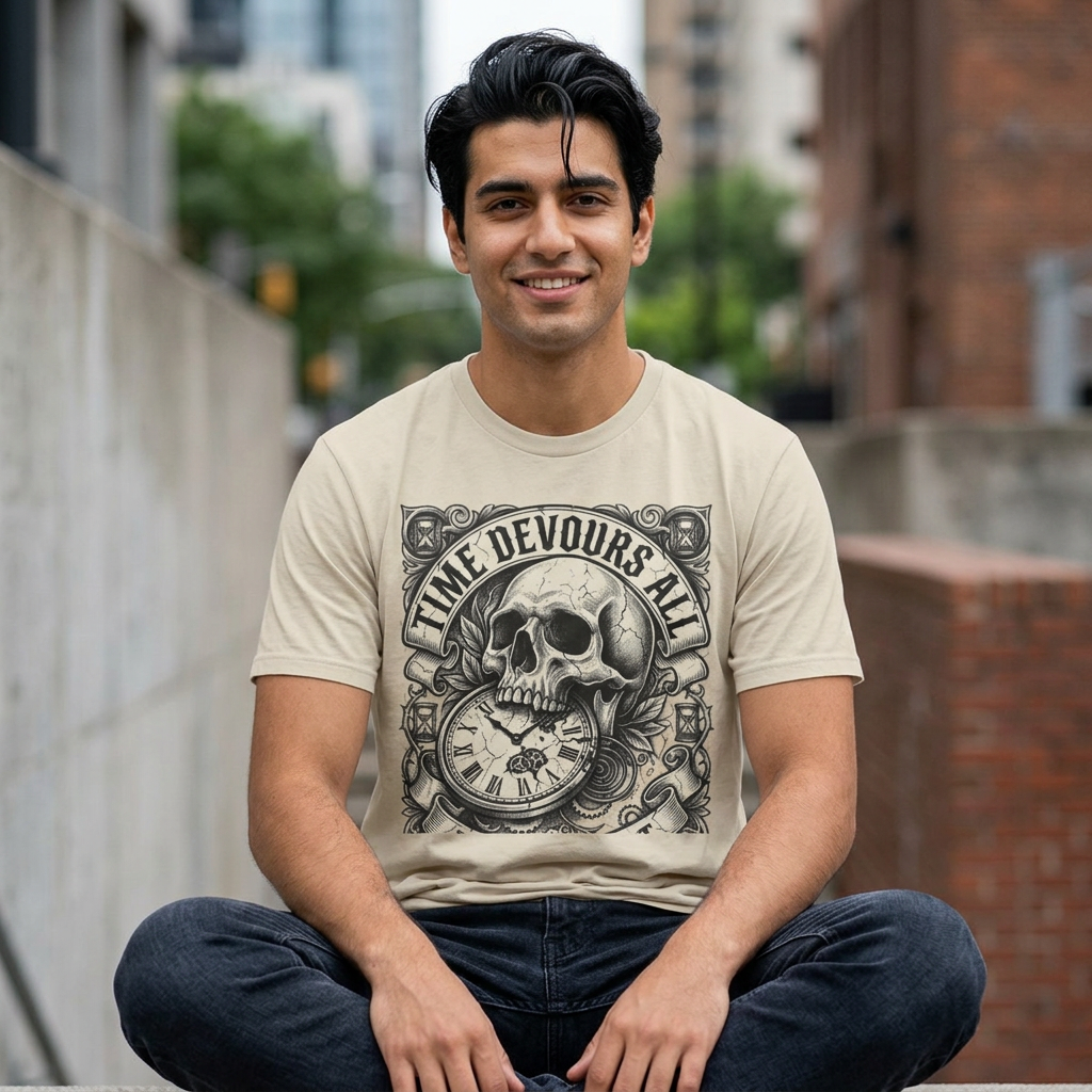 Time Devours All Skull T-Shirt – Vintage Gothic Skull & Pocket Watch Tee