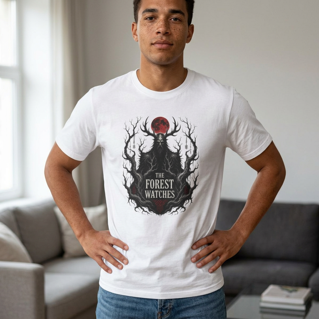 Forest Watcher T-Shirt — 'The Forest Watches' Red Moon Deer Spirit Tee