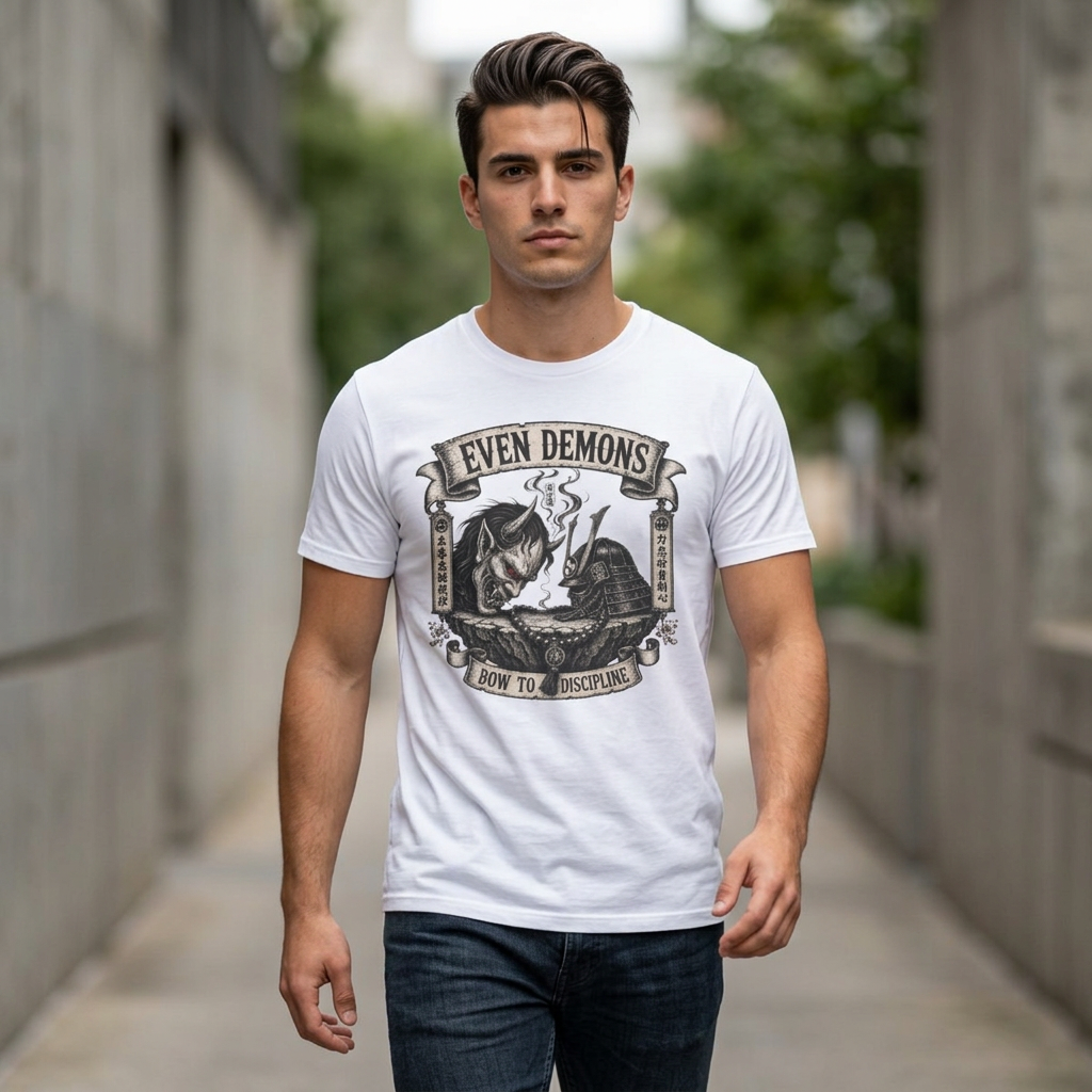 Even Demons T-Shirt — Gothic Samurai Cat Graphic Tee