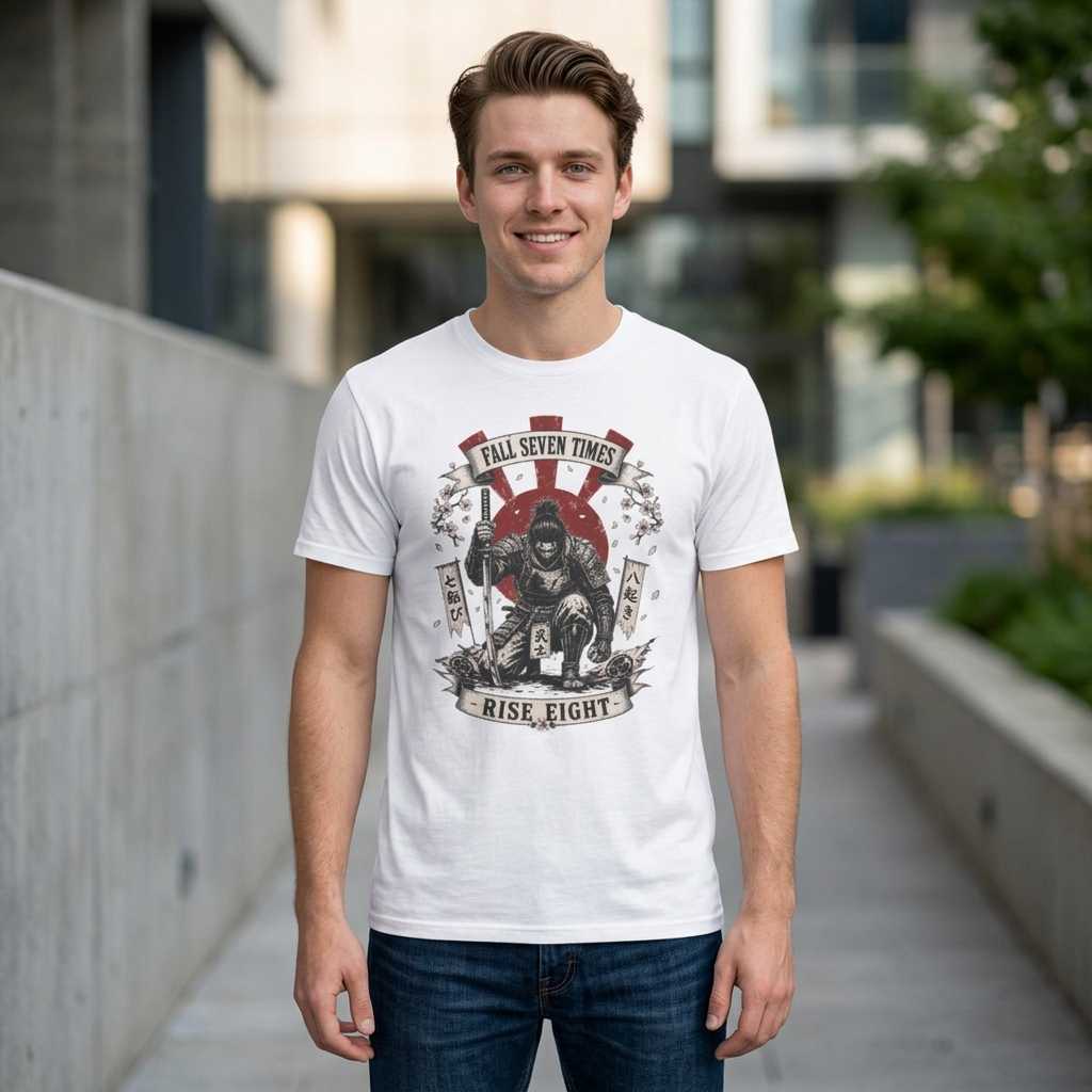 T-Shirt — “Fall Seven Times, Rise Eight” Samurai Graphic Tee