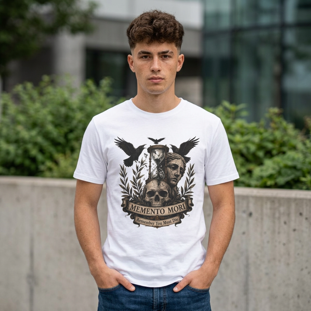 Memento Mori T-Shirt — Hourglass Statue & Ravens Vintage Death Awareness Tee
