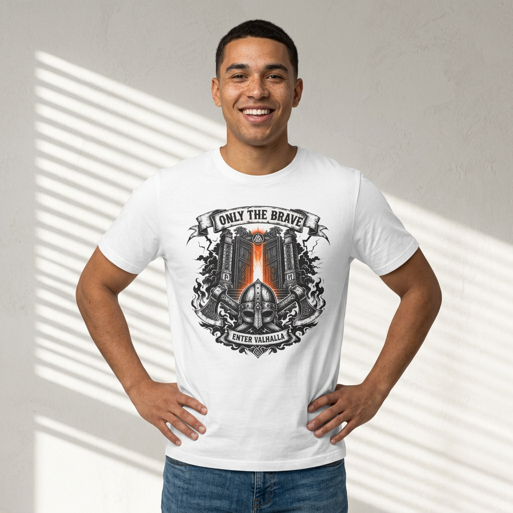 Only The Brave T-Shirt — Gothic Knight Helmet & Castle Illustration