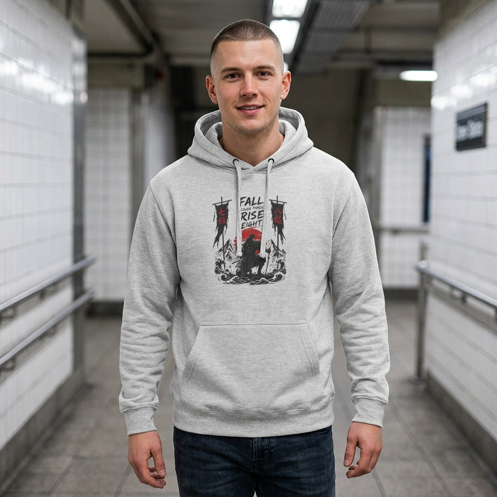 Samurai Sunset Hoodie — "Fall Rise Fight" Graphic Fleece Hoodie