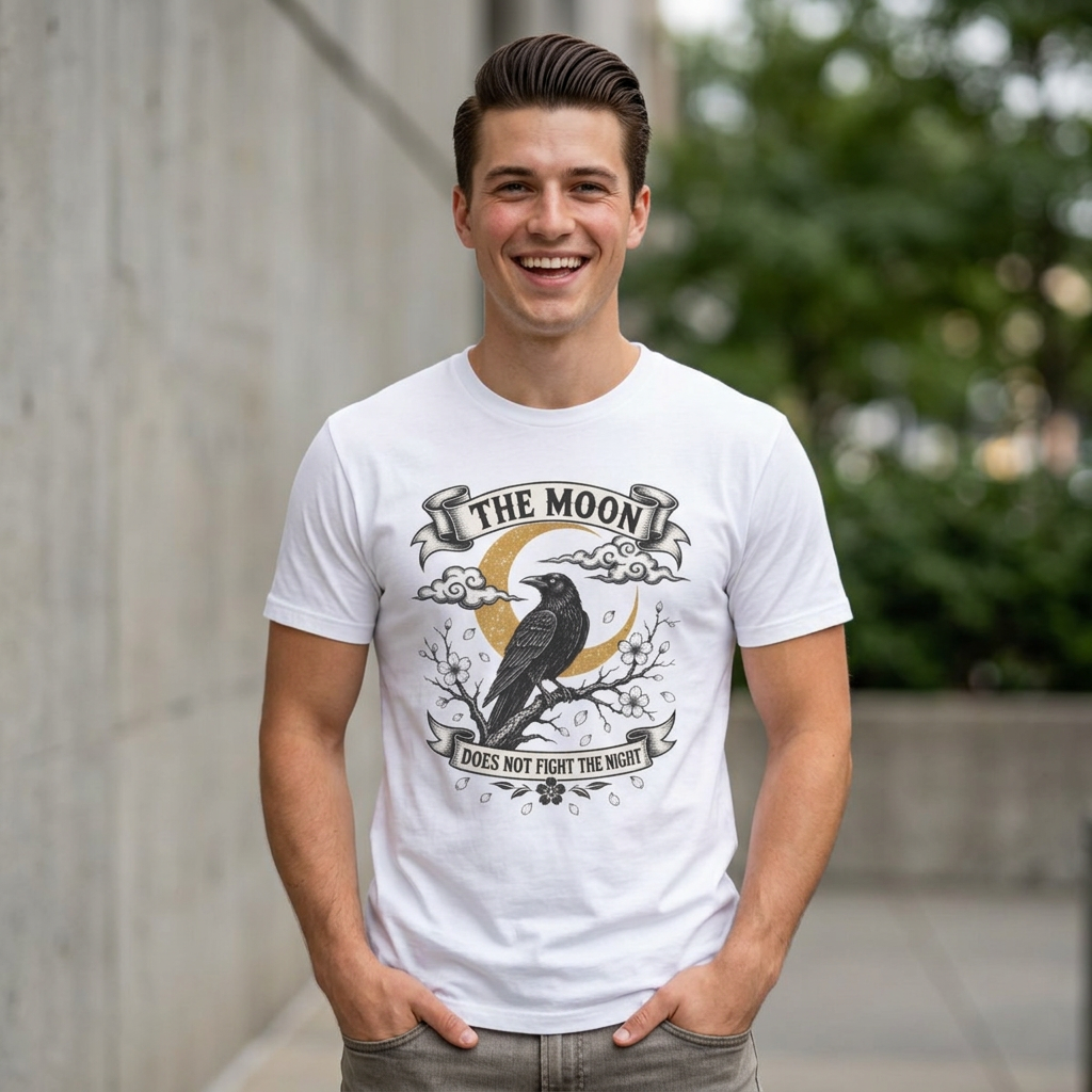 Moon & Raven T-Shirt — "The Moon Does Not Fight The Moon" Gothic Celestial Tee