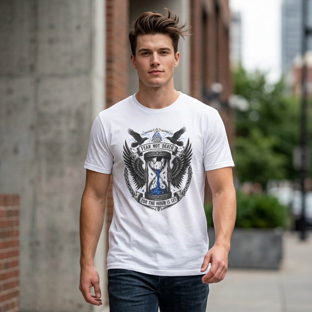 Fear Not Death T‑Shirt — Viking Hourglass Shield Design