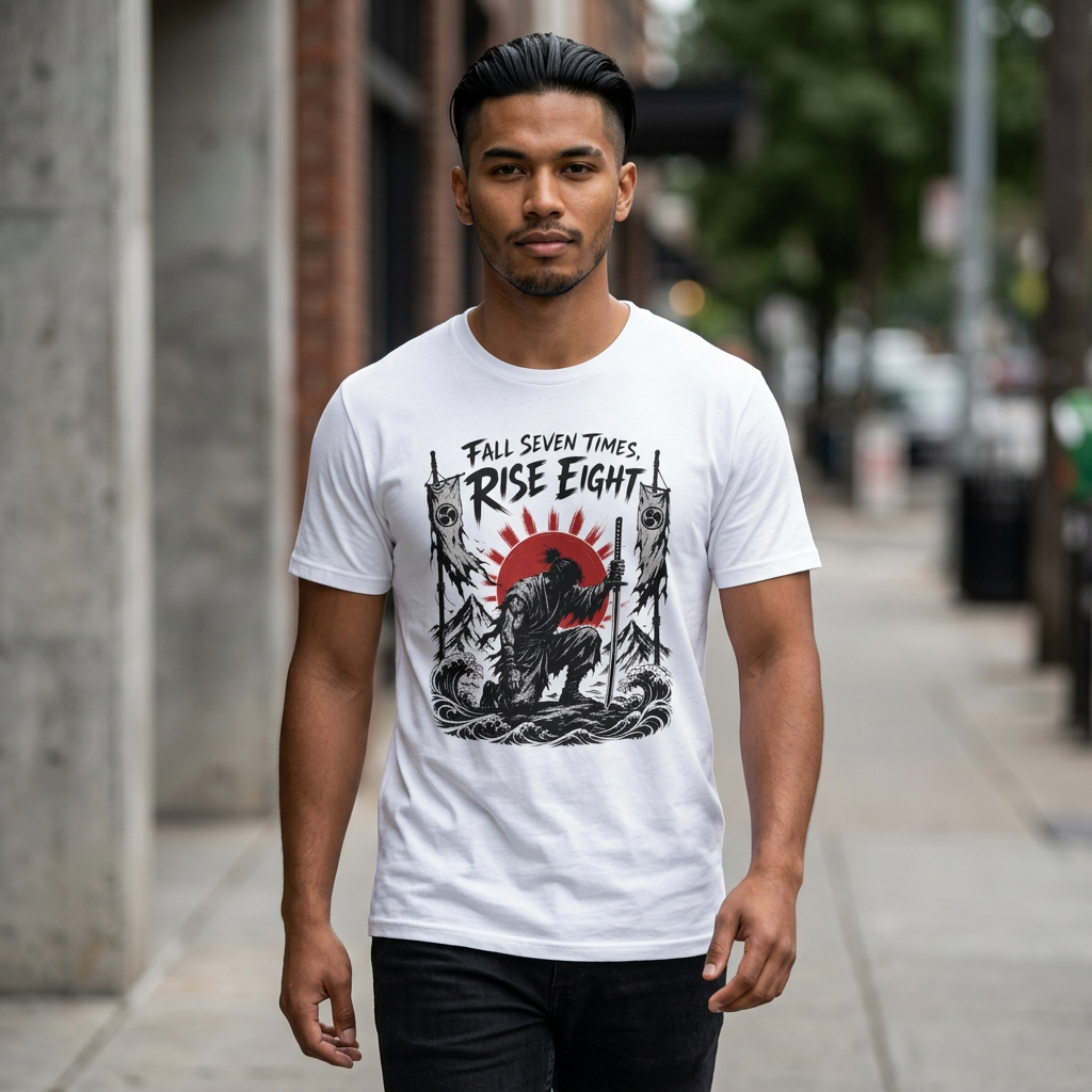 Rise Eight T-Shirt — Fall Seven Times Inspirational Samurai Graphic Tee