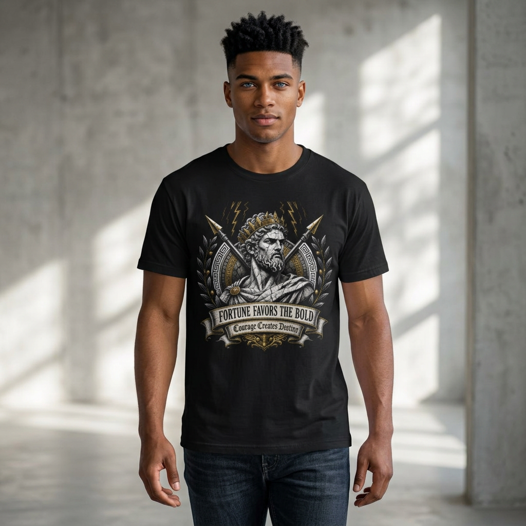 Zeus Lightning T-Shirt — 'Fortune Favors the Bold' Greek God Graphic Tee