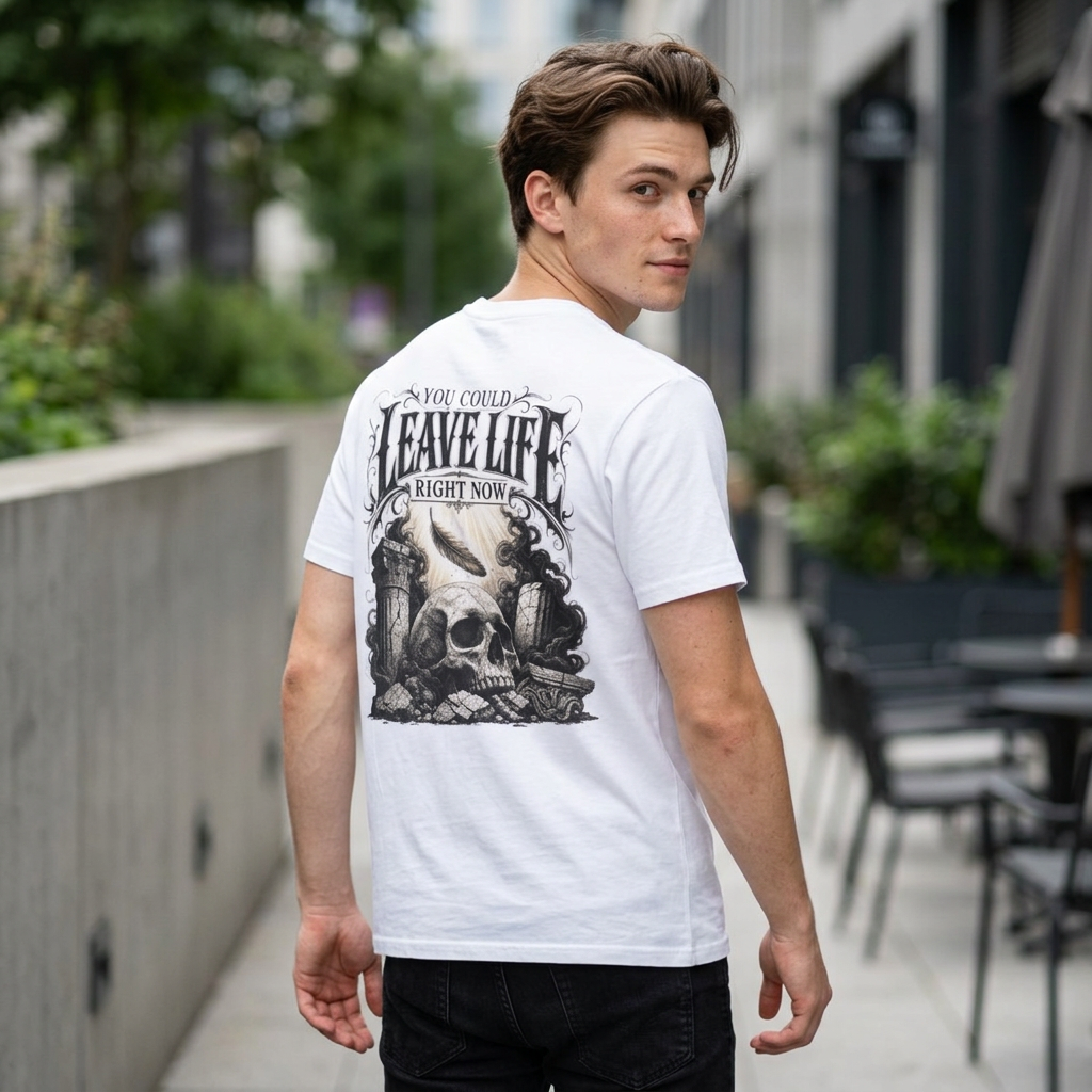 Skull & Mountains T-Shirt — "Leave Life" Adventure Graphic Tee