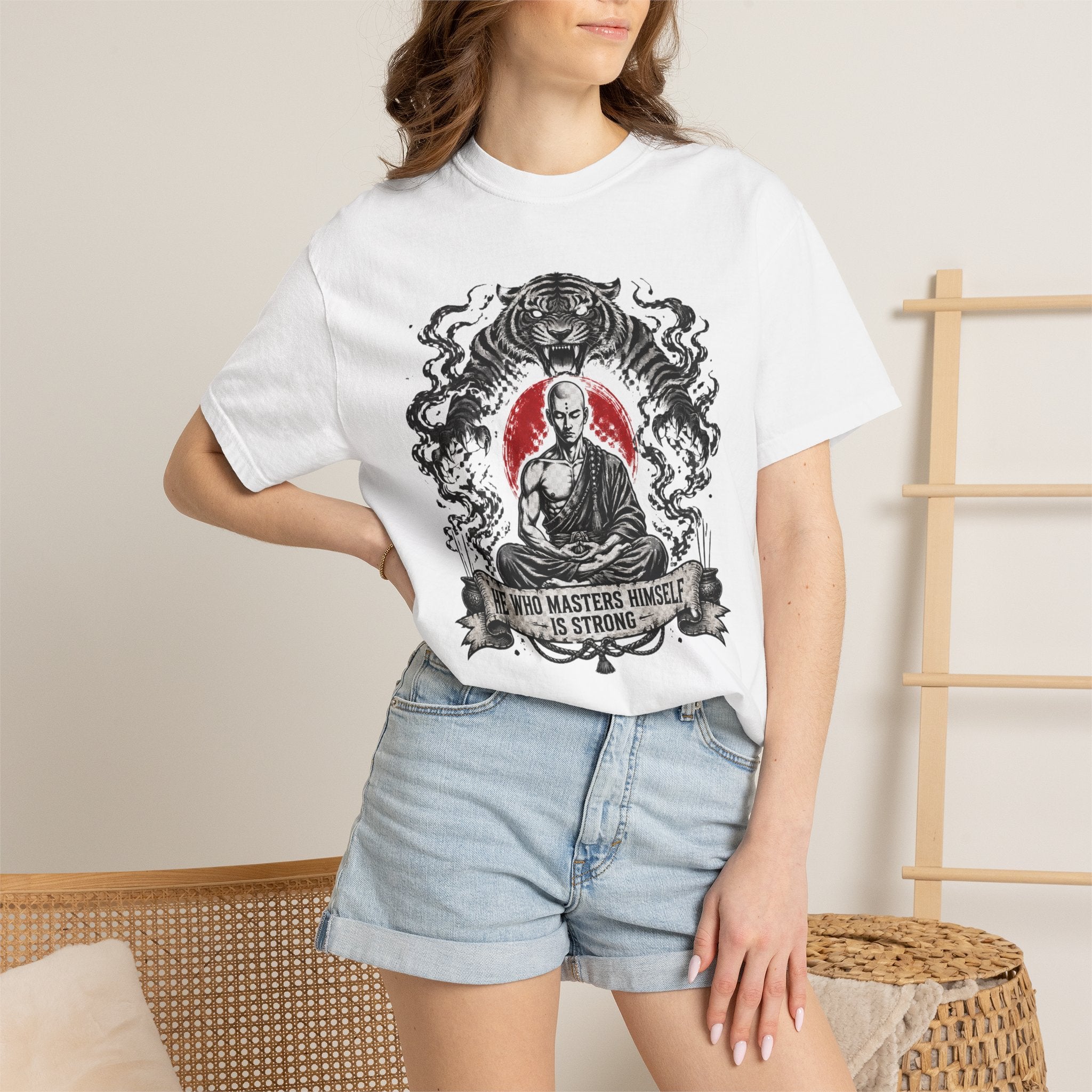 Meditation Tiger T-Shirt — "He Who Masters Himself is Strong" Zen Graphic Tee