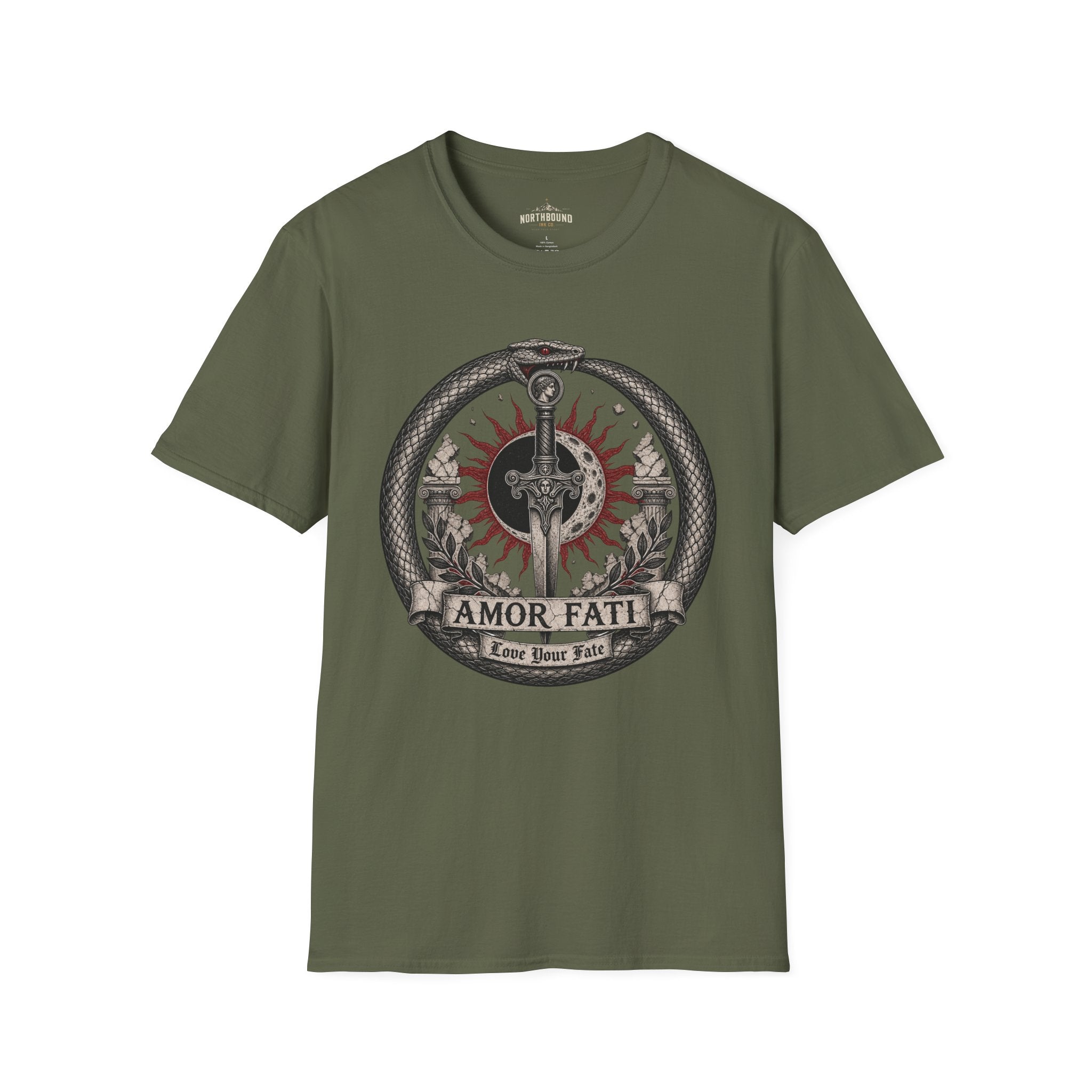 Amor Fati Sword T-Shirt — Sun & Ouroboros Graphic Tee