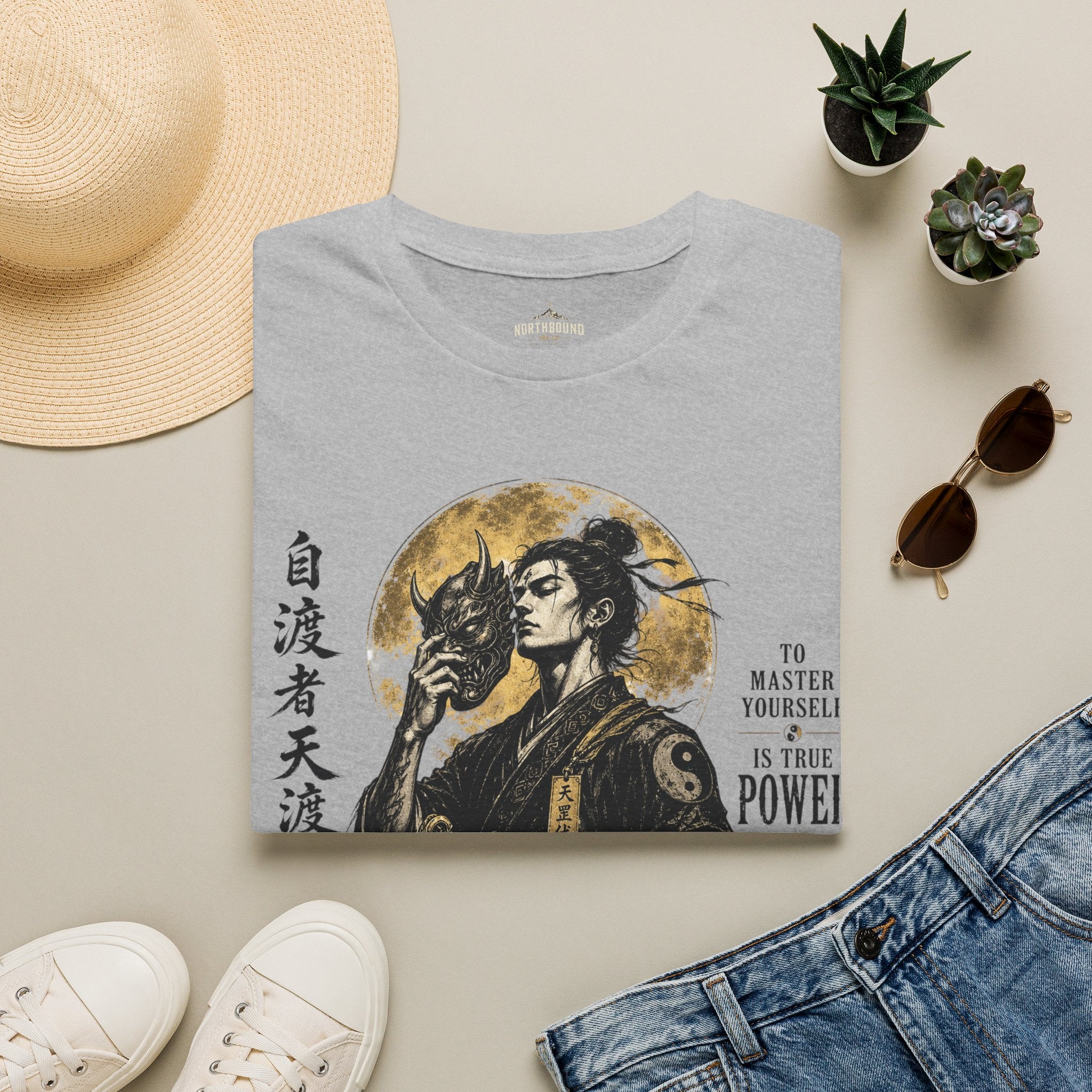Samurai Mask Graphic T-Shirt — Japanese Warrior Moon Illustration