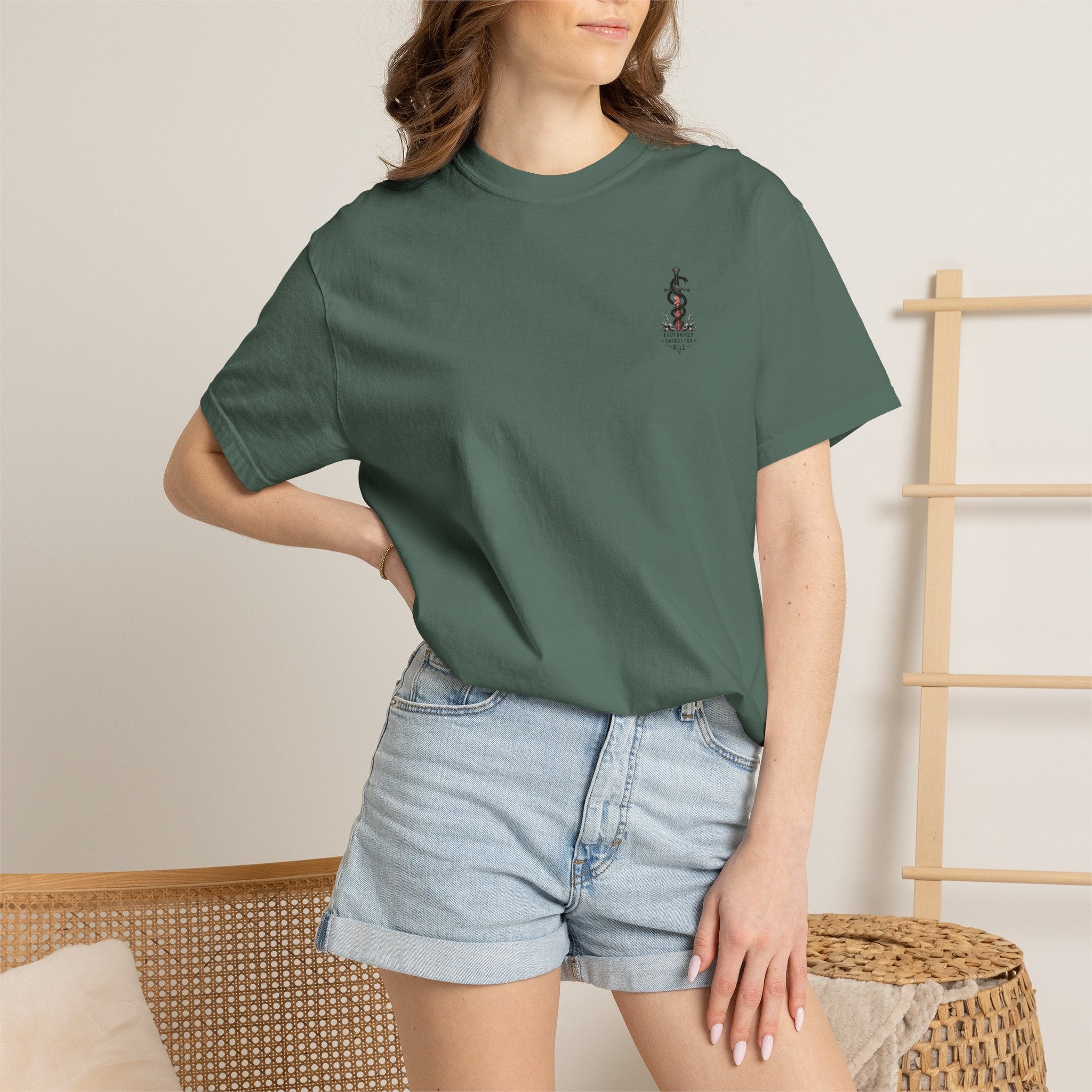 Graphic T-Shirt — 'Even Broken Swords Can Kill' Snake & Sword Back Print