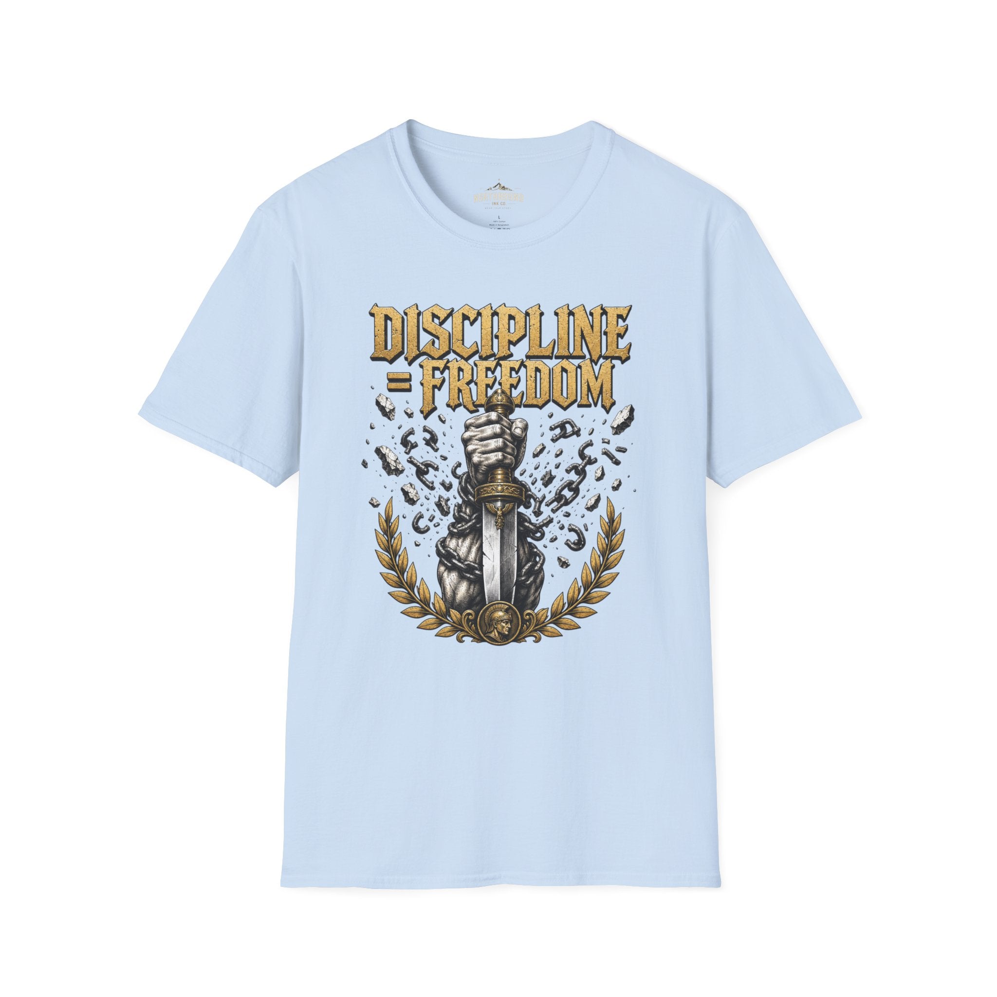 Discipline = Freedom T-Shirt — Motivational Sword & Fist Design