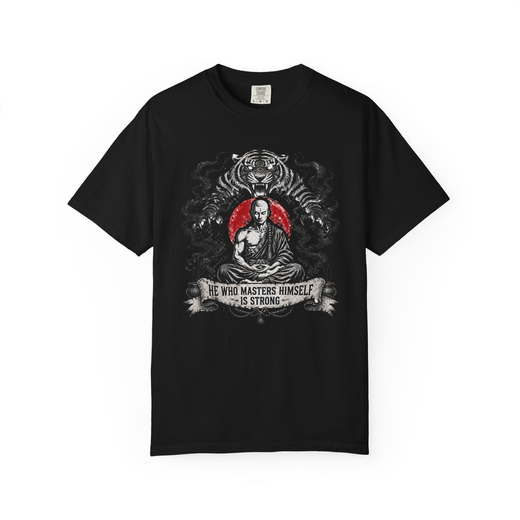 Meditation Tiger T-Shirt — "He Who Masters Himself is Strong" Zen Graphic Tee