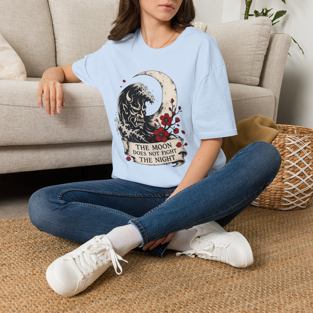 Moon & Wave Graphic T-Shirt — "The Moon Does Not Fight The Night"