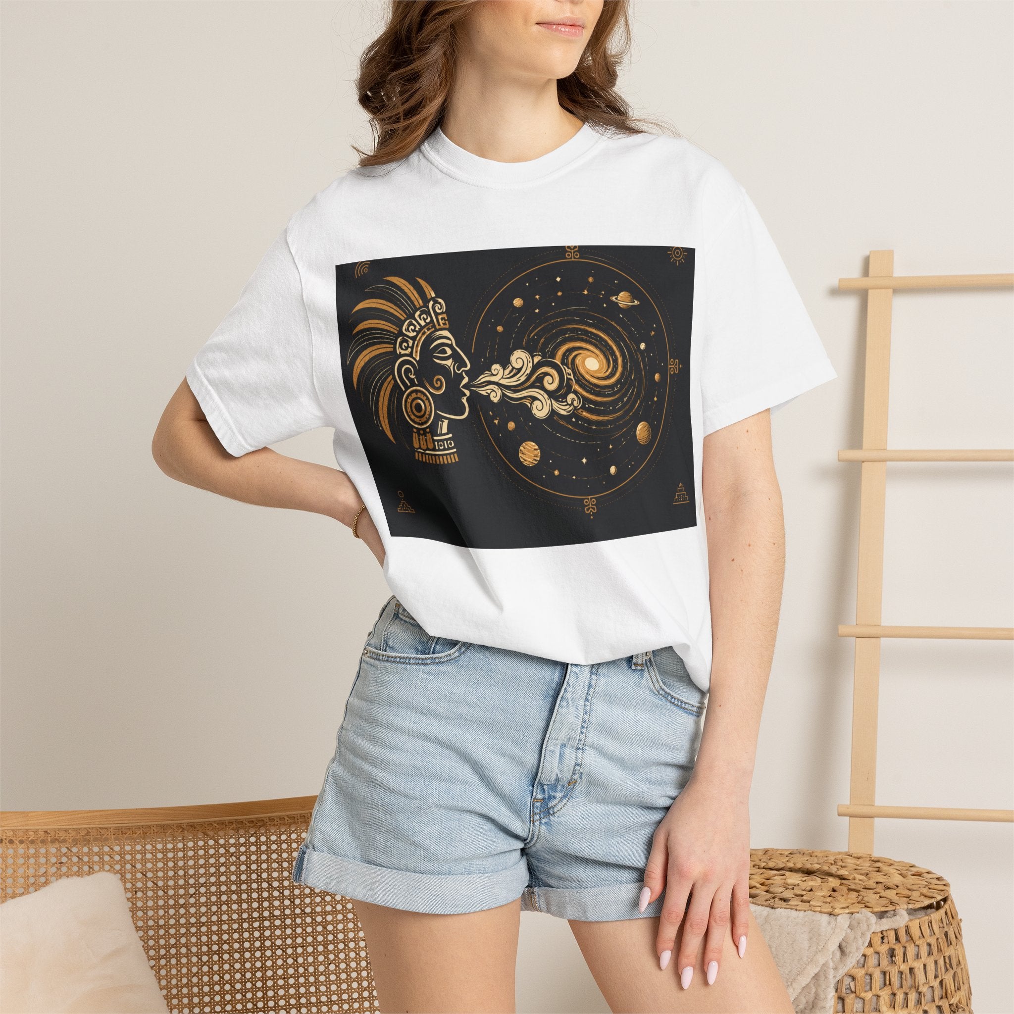 Cosmic Aztec Breath T-Shirt — Golden Galaxy Illustration