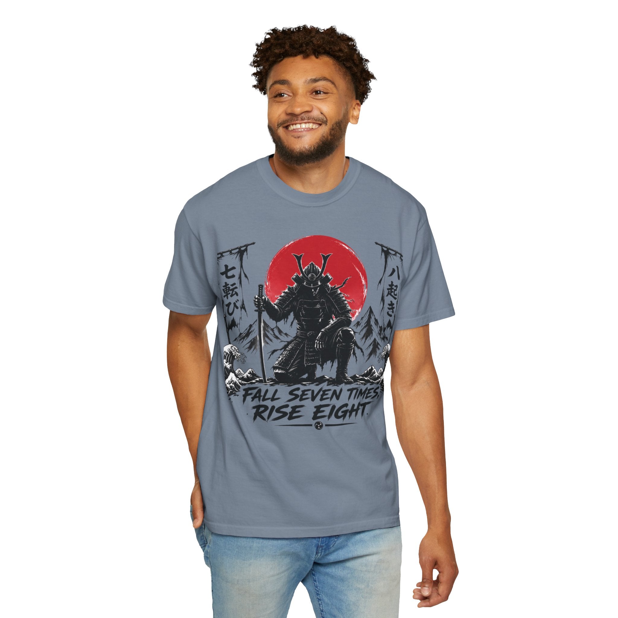 Samurai with Red Sun "Fall Seven Times Rise Eight" T-shirt | Japanese Warrior Tee