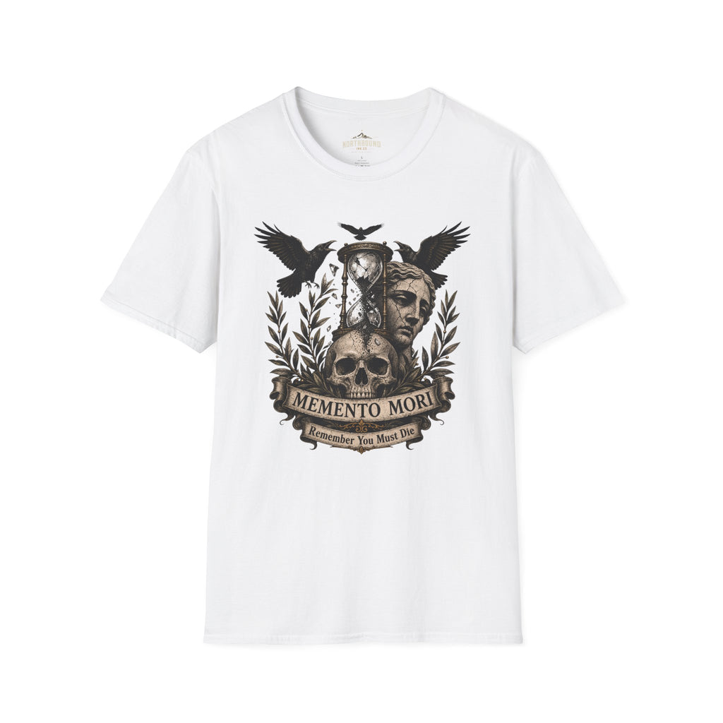 Memento Mori T-Shirt — Hourglass Statue & Ravens Vintage Death Awareness Tee